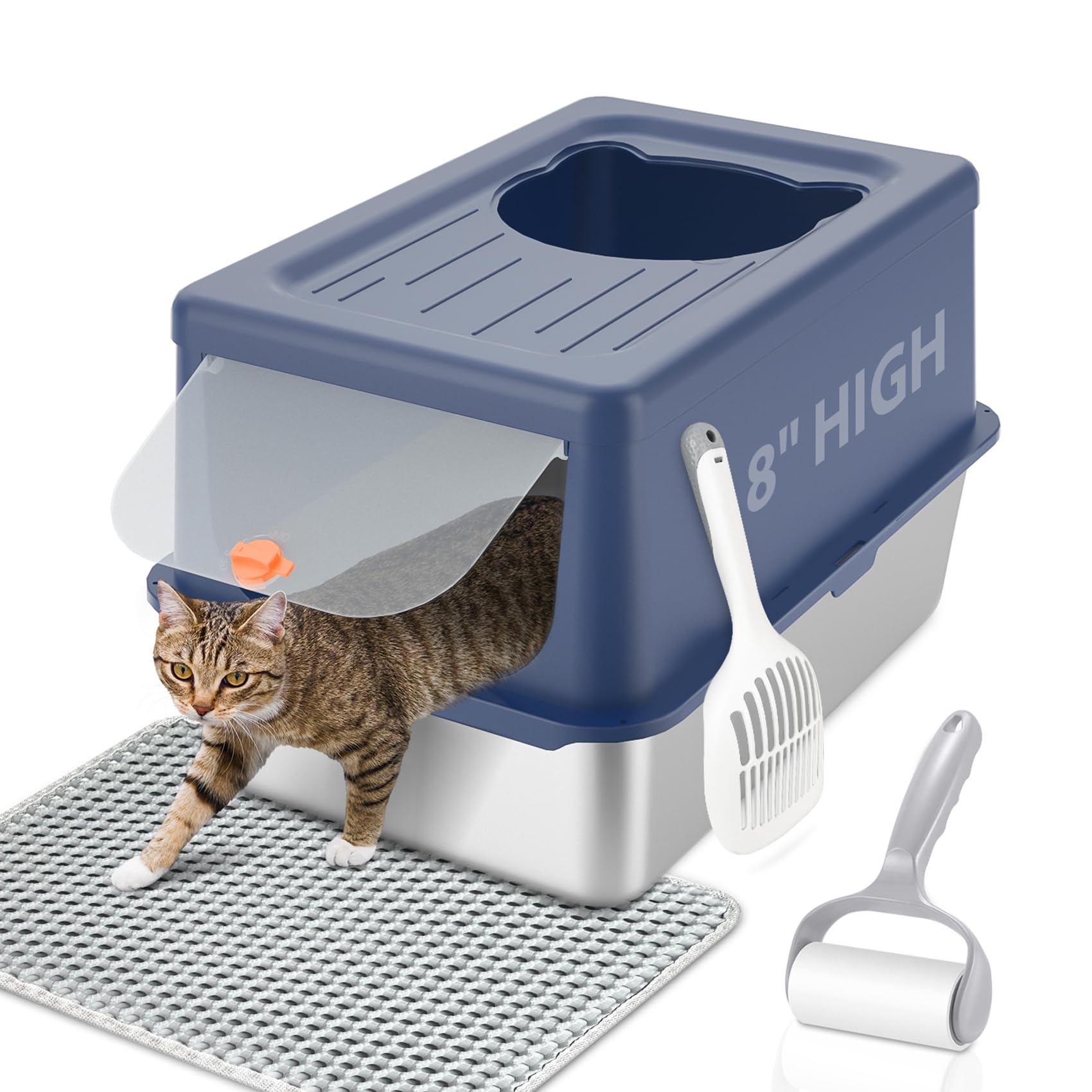LIHOOOOM Litter Box with Lid, Stainless Steel Litter Box XL, 14 H Metal Cat Box with High Sides Wall Enclosure, Cat Pan, Non-Sti