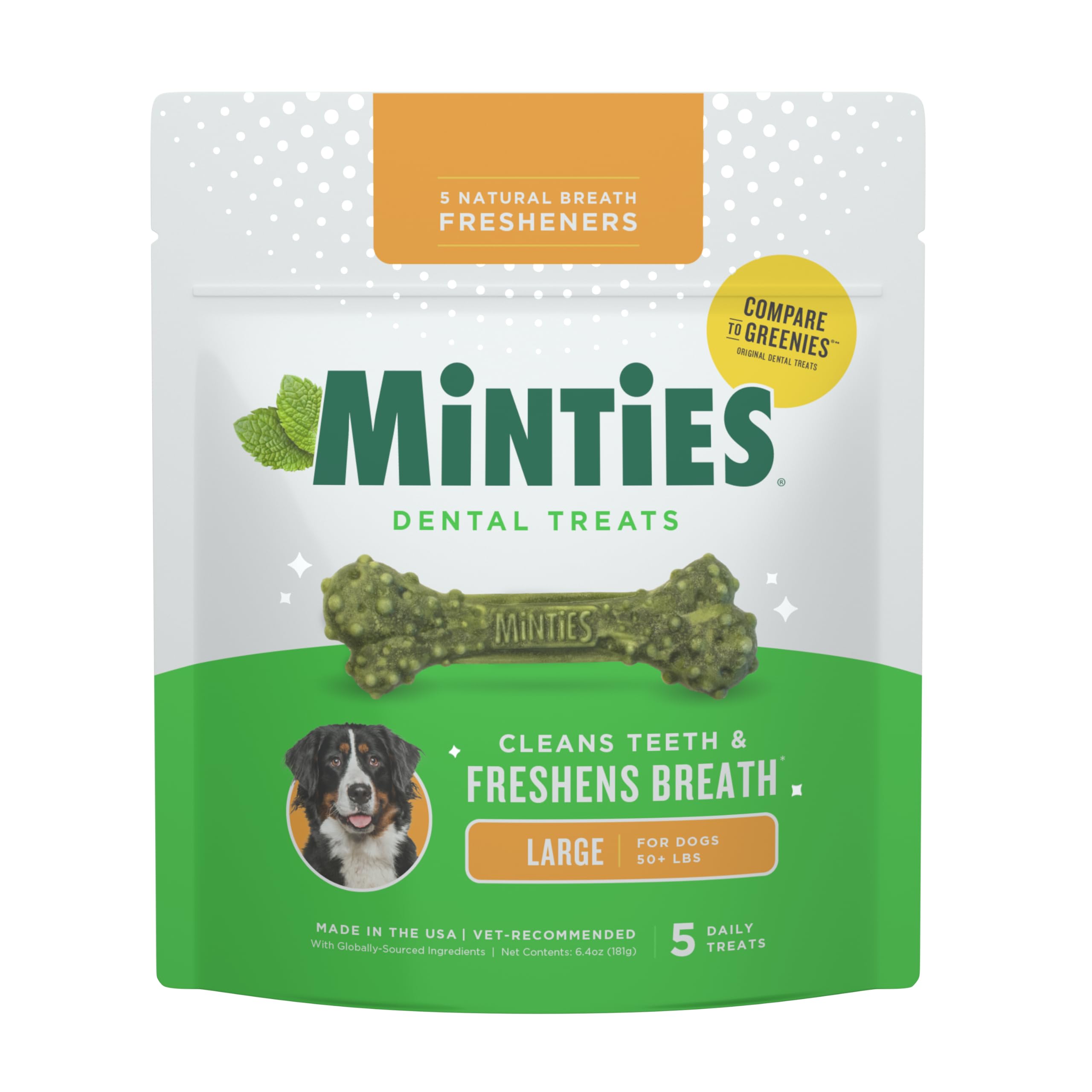 Minties Dental Chews for Dogs, 5 Count, Vet-Recommended Mint-Flavored Treats for Large Dogs Over 50 lbs, Dental Bones Clean Teet