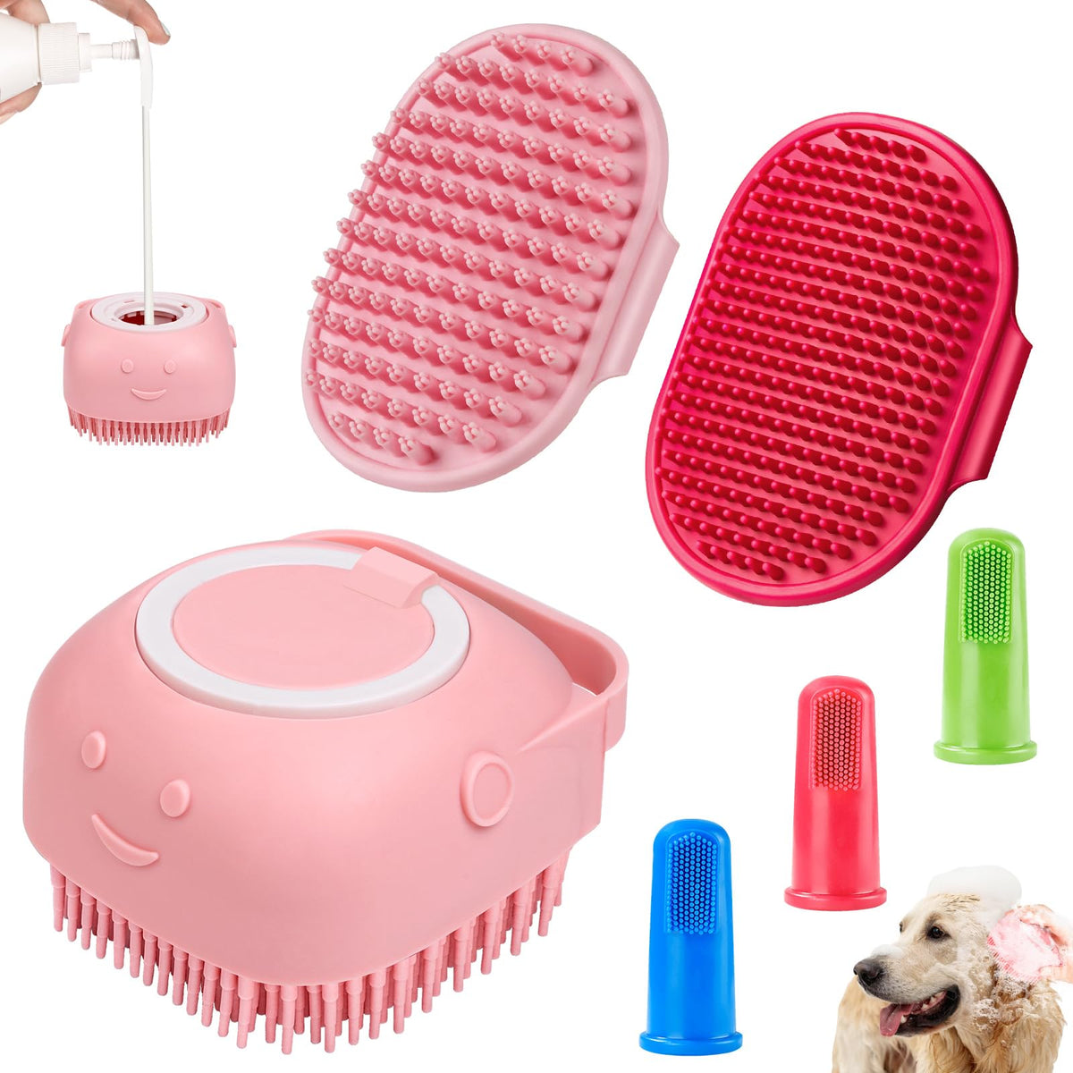 Comotech 3-In-1 Dog Bath Brush & Scrubber - Adjustable Ring Handle For Short & Long Haired Dogs (Pink/Red)