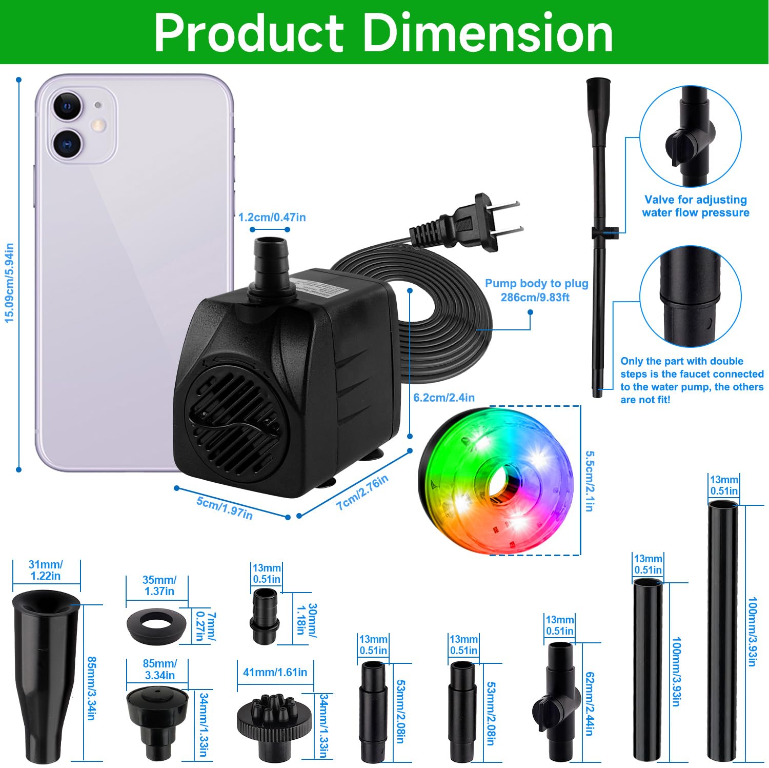 CREPOW 15W 800L/H Submersible Pond Fountain Pump with LED Lights, Ultra Quiet Water Pump, Pond Fountain Pumps for Small Pond, Ko