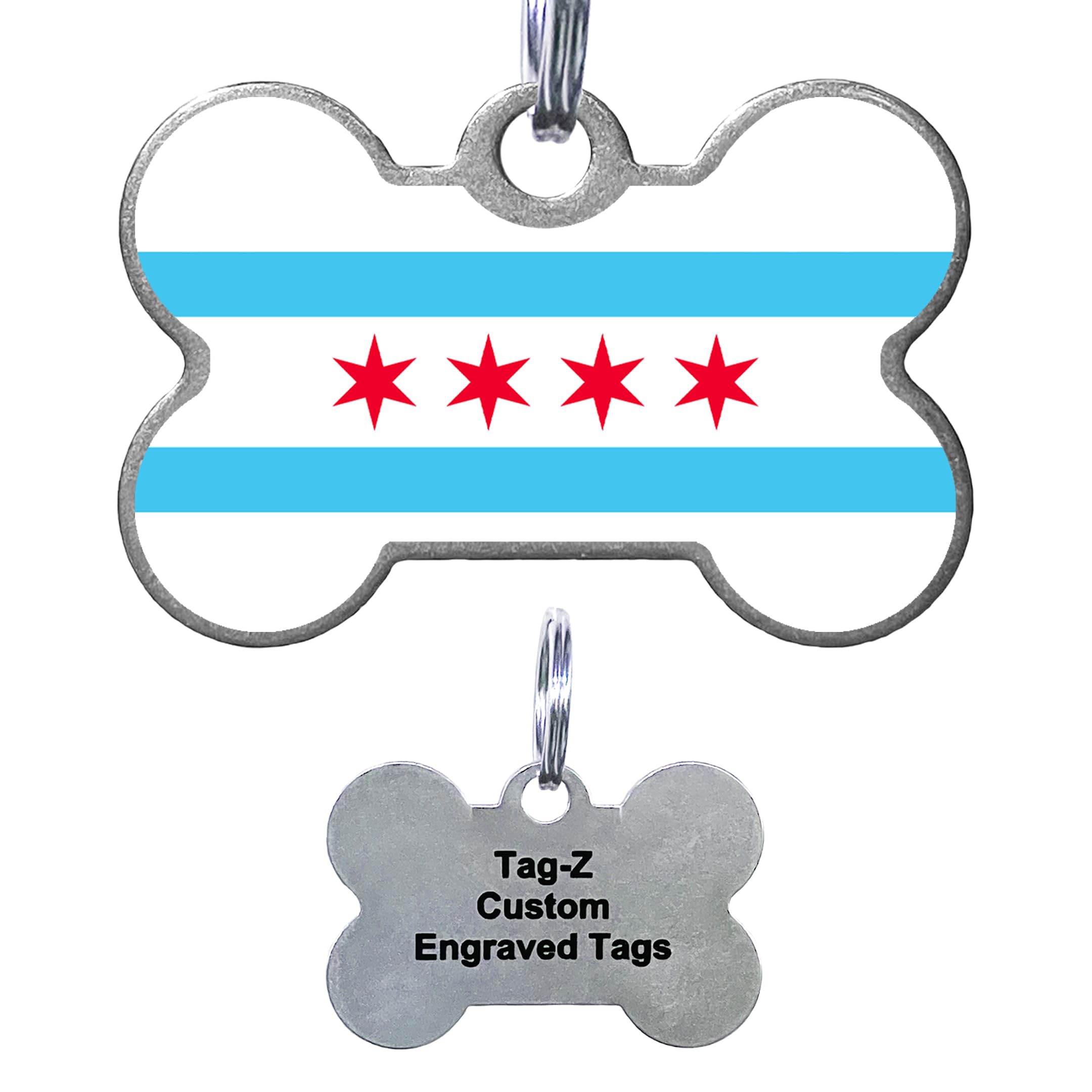 Chicago Flag Pet Id Tag, Custom Printed And Laser Engraved Bone Shape