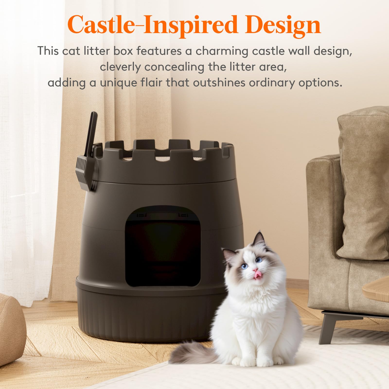 Lifewit Castle Cat Litter Box With Scratching Board & Scoop, Hidden Covered Kitty Litter Box Enclosure With Odor Control & Carbo
