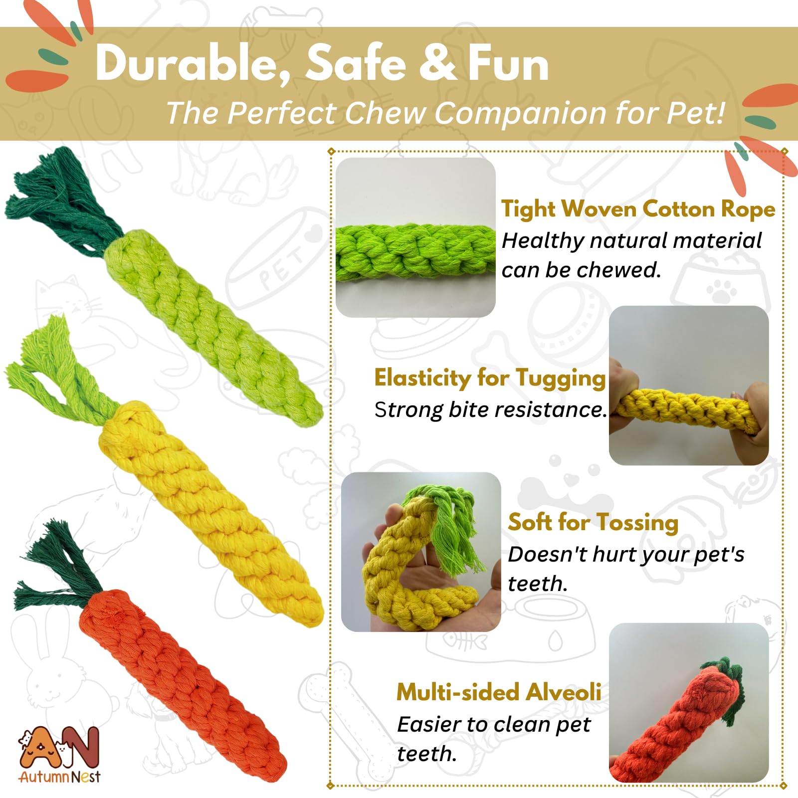 Autumnnest 3Pcs Mixed Color Woven Pet Rope Toys (Yellow, Green, Orange), Chew Toys For Dogs & Cats, Safe & Durable Braided Rope