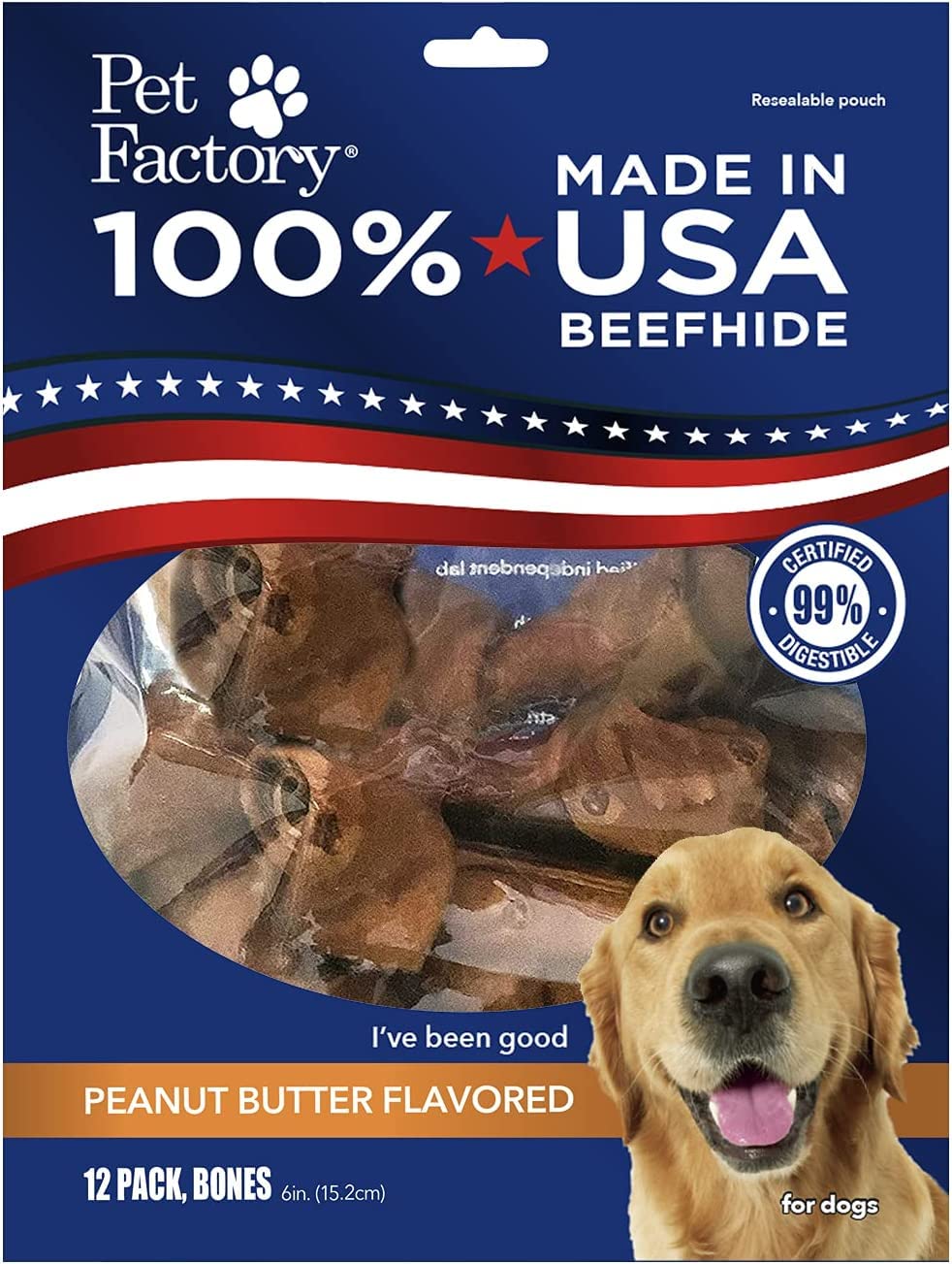 Pet Factory 100% Made in USA Beefhide 6 Knotted Bones Dog Chew Treats - Peanut Butter Flavor, 12 Count/1 Pack