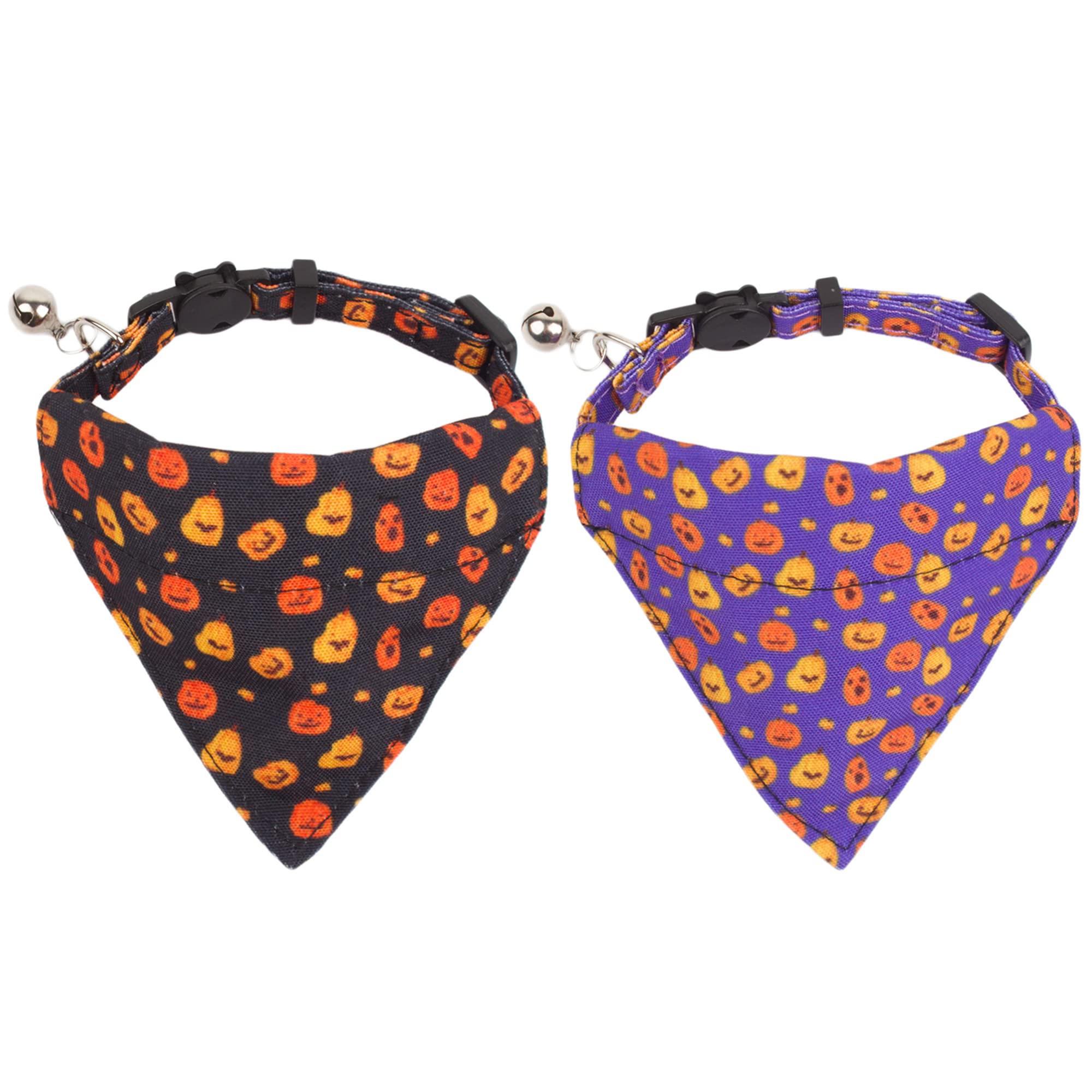 Adoggygo Halloween Cat Collars Breakaway With Bell, 2 Pack Adjustable Cat Collar With Removable Bandana, Pumpkin Pattern Cat Ban