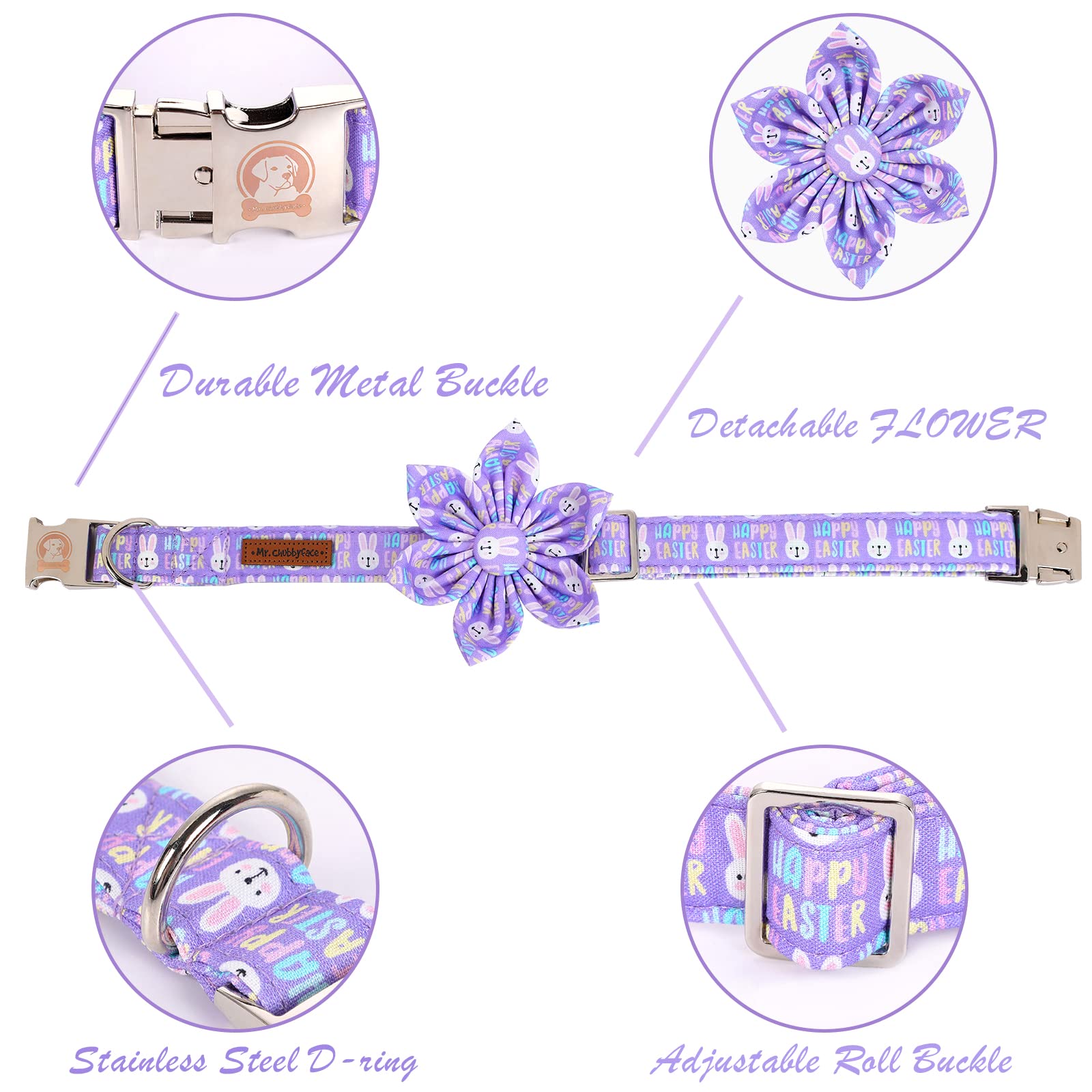 Mr. Chubbyface Easter Dog Collar Purple Rabbit With Flower Adjustable Bowtie For Small Medium Large Dogs