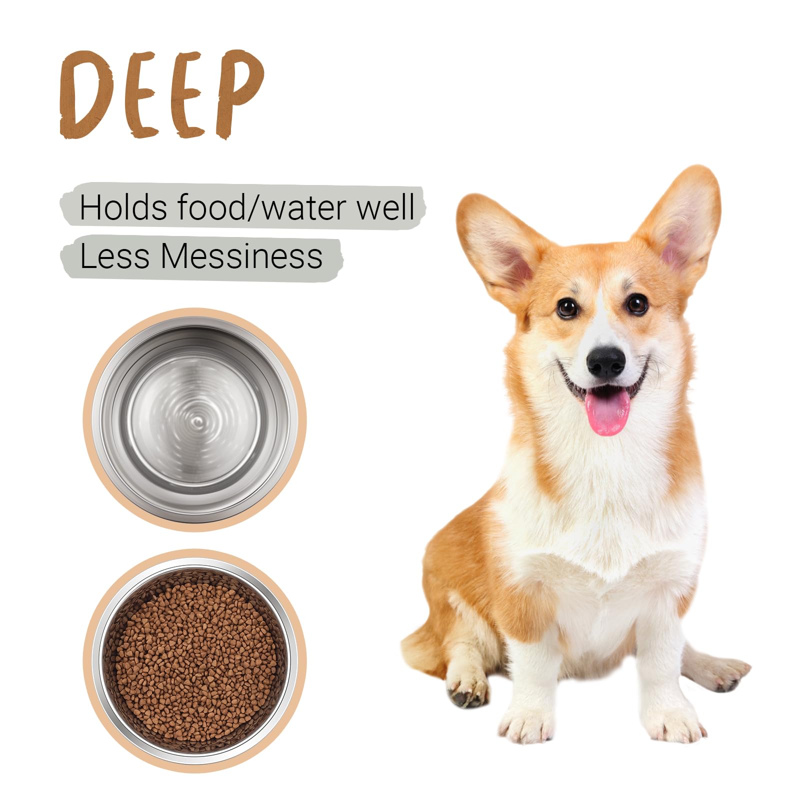PEggY11 Deep Stainless Steel Anti-Slip Dog Bowls, 2 Pack, 3 cups