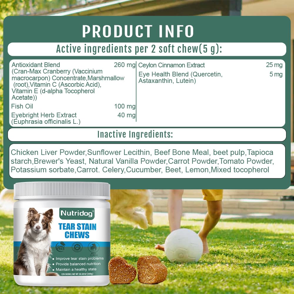 Nutridog Tear Stain Chews for Dogs - Dog Tear Stain Remover & Supplement with Antioxidant Blend, Vitamin C, Lutein - 120ct Beef