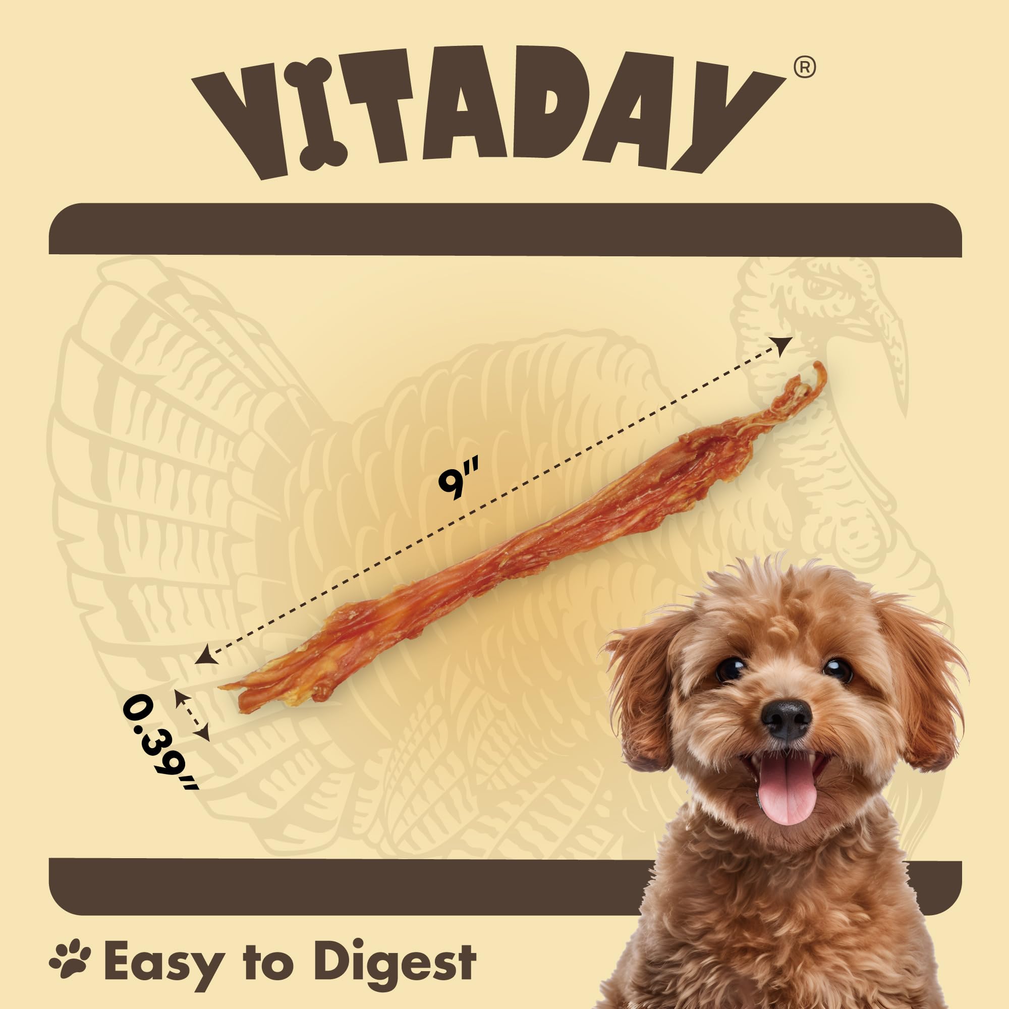 VITADAY Turkey Tendons for Dogs - All Natural, Hypoallergenic Treats, 3 oz Pack, Rawhide Free, Long Lasting Chews for Small Dogs