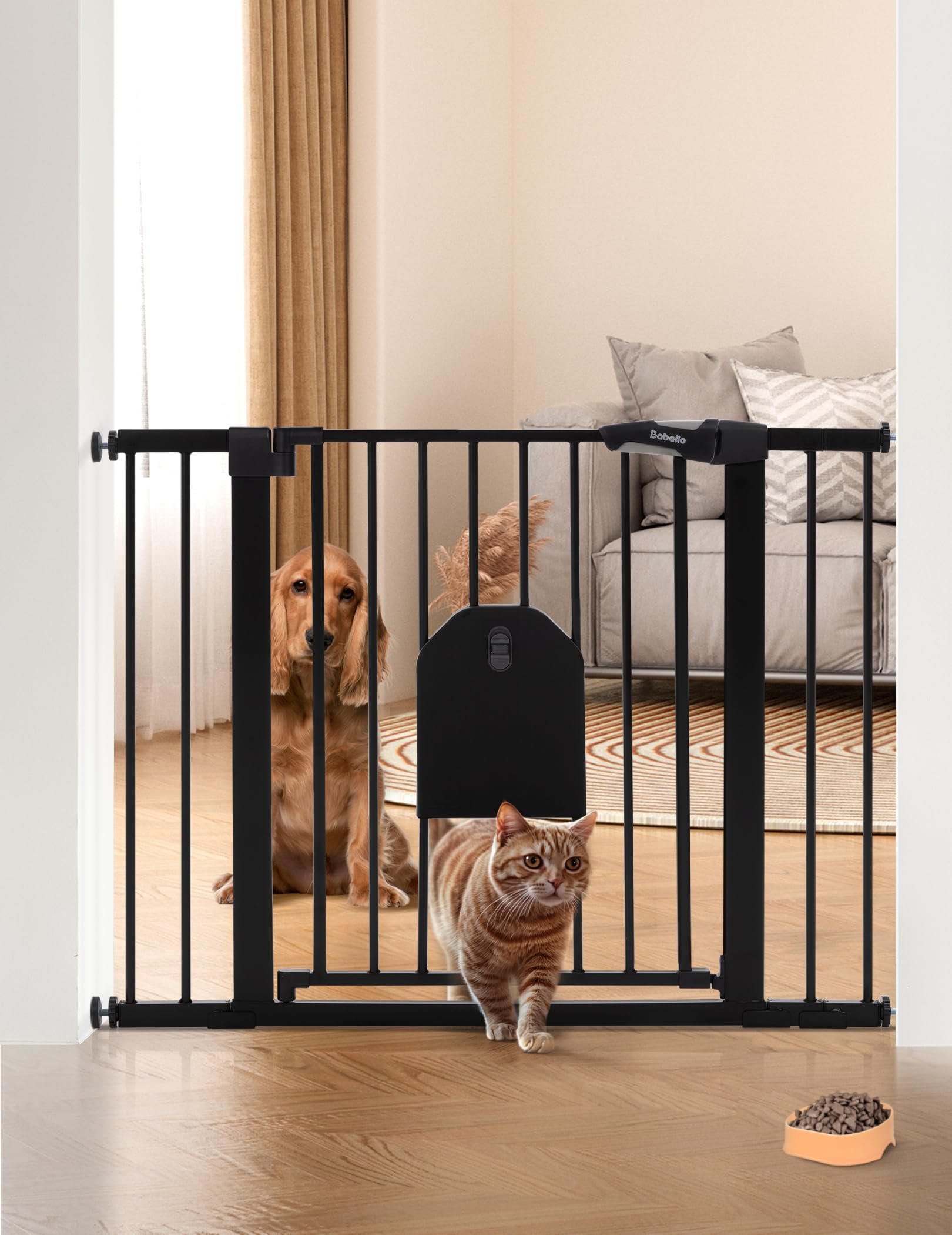 Babelio Auto Close Baby Gate With Small Cat Door, 29-43'' Metal Cat Gate For Doorway, Stairs, House, Easy Walk Thru Dog Gate Wit