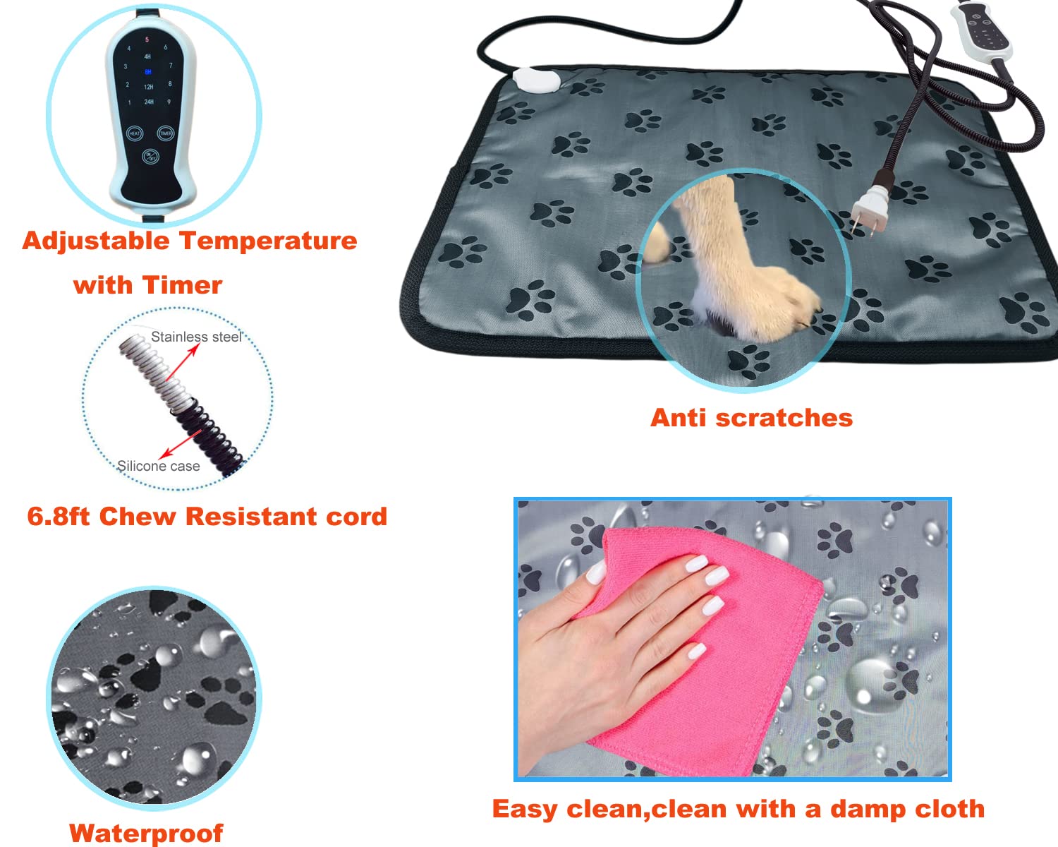 DEOMAN Pet Heating Pad - Electric Heated Dog Bed, Chew Proof, Easy Clean, 34X21 inch, Grey, Oxford Fabric