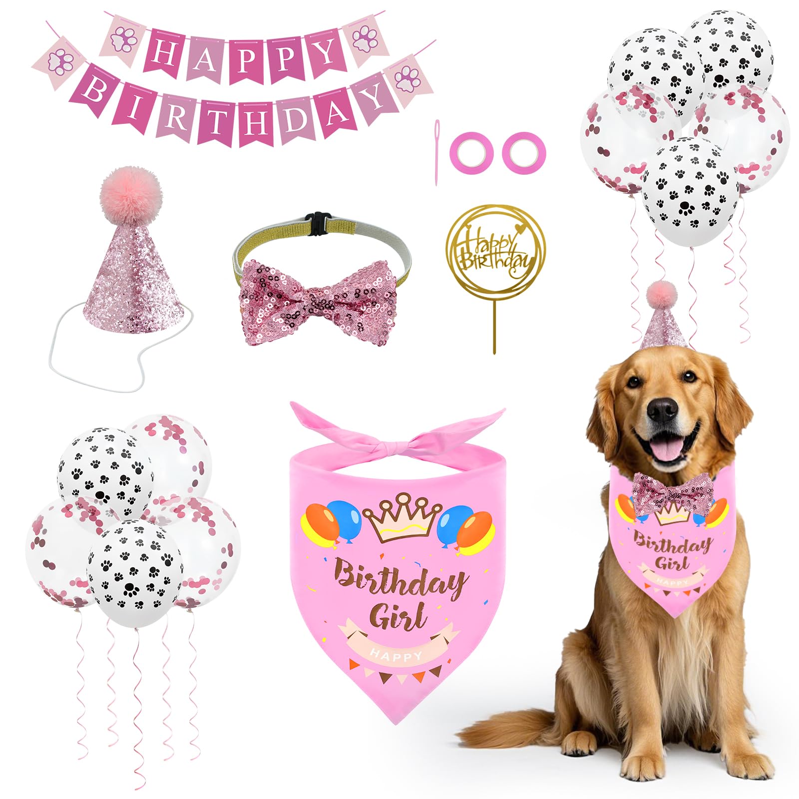 Enmaipet Dog Birthday Party Supplies, Dog Girl Birthday Bandanas Set, Pet Birthday Hat With Scarf, Birthday Banner, Balloons And