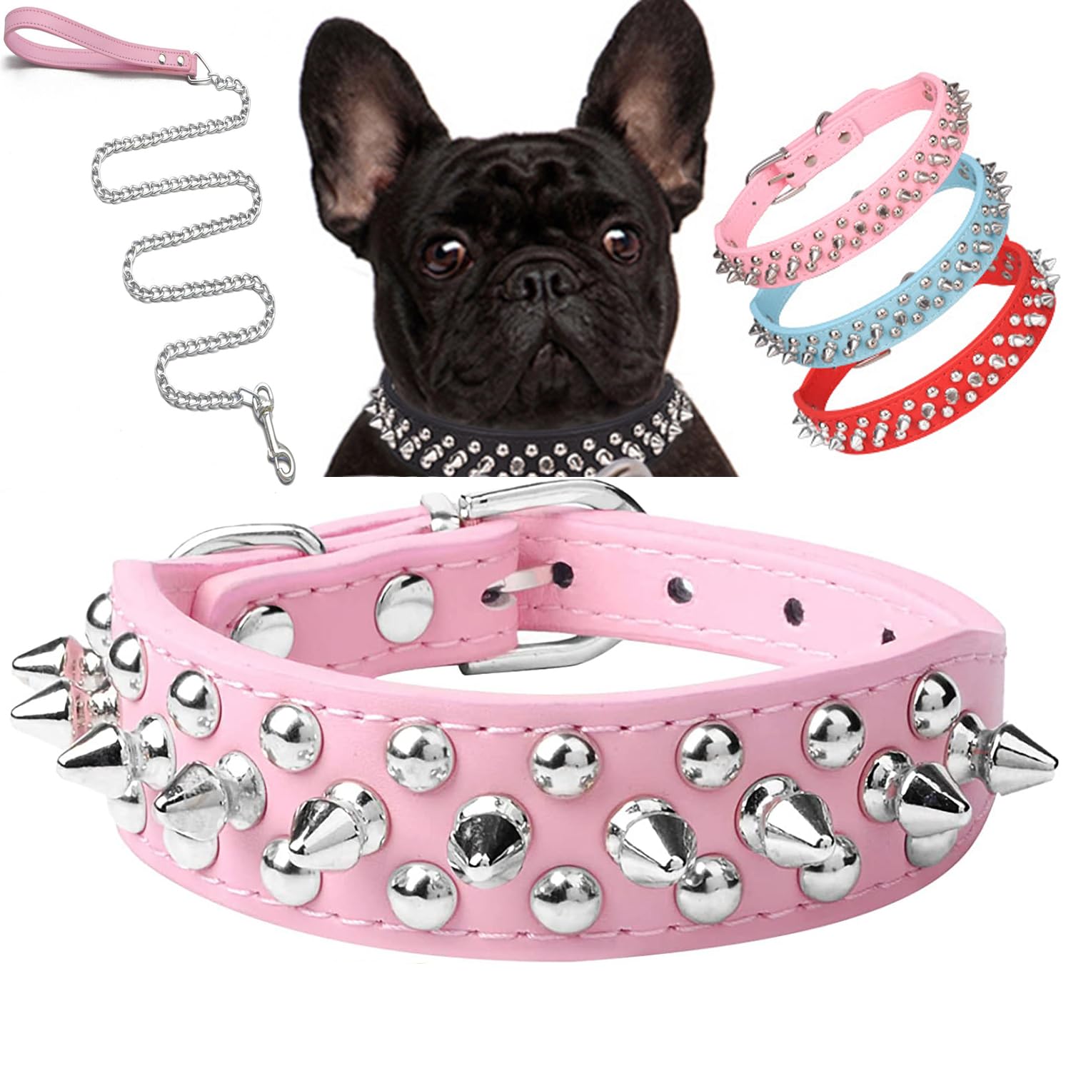 Serijoars Spiked Dog Collar Soft Pu Leather Mushrooms Rivet Spike Studded Dog Collar Adjustable Puppy Collars (L, Pink Set)