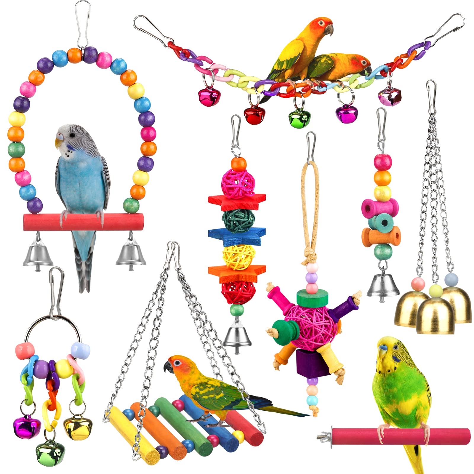 Bird Toys For Conures With Colorful Ladder Hammock Bird Cage Accerious Bird Perch Stand Chewing Toys Hanging Bell For Parrot Par