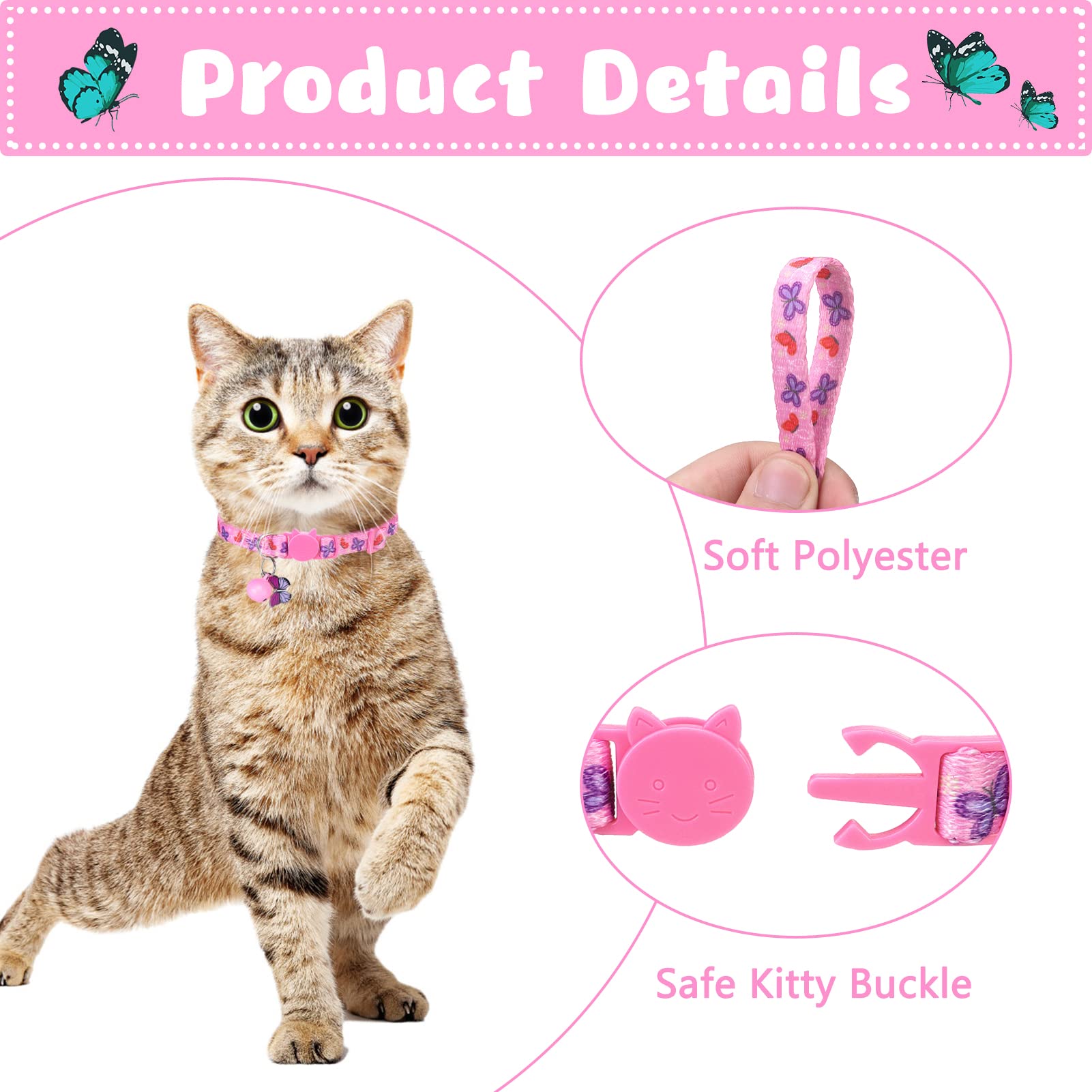 Vkpetfr Breakaway Cat Collars With Bell & Cute Pendants - 3 Pack Adjustable Safety Kitten Collars - Summer Decoration For Girl B