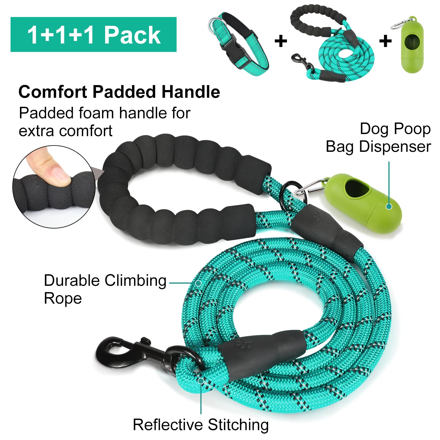 Dynmeow Reflective Dog Collar and Leash Set, 6FT Strong Climbing Rope Leash with Padded Handle, Adjustable Pet Collar with Soft