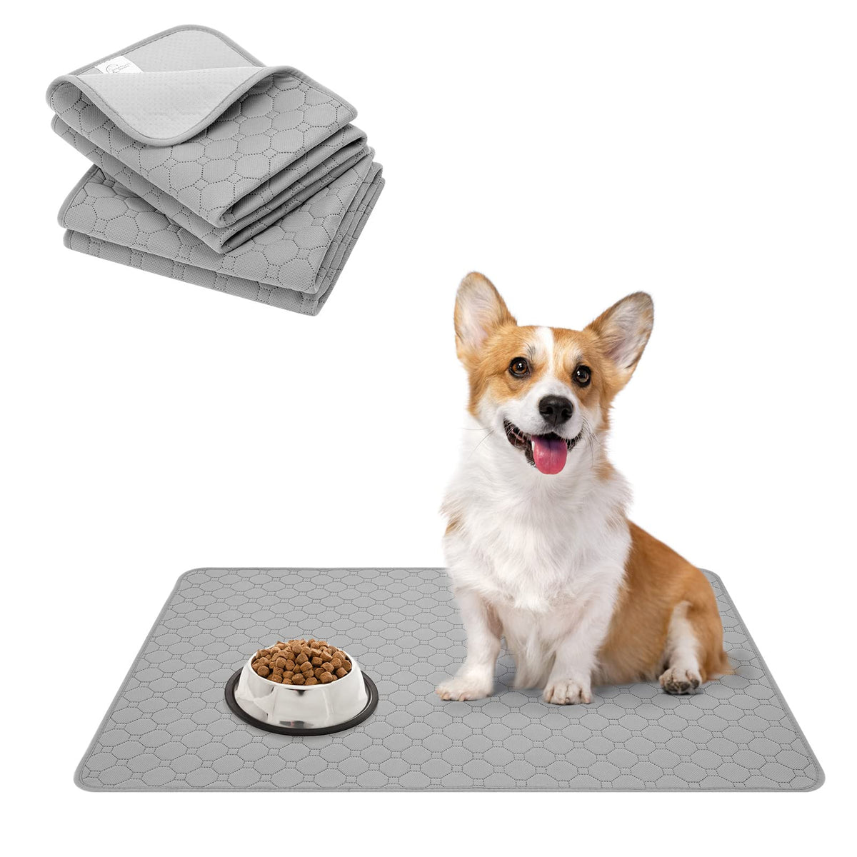 Bingpet Waterproof Dog Food Mat Non-Slip 2 Pcs,24' X 16' Anti-Slipextra Large Dog Food Mat For 2 Pack Dog Bowls,Absorbent Pet Feeding Mats Washable Pee Pads For Puppies Cats,Bone & Paw Pattern