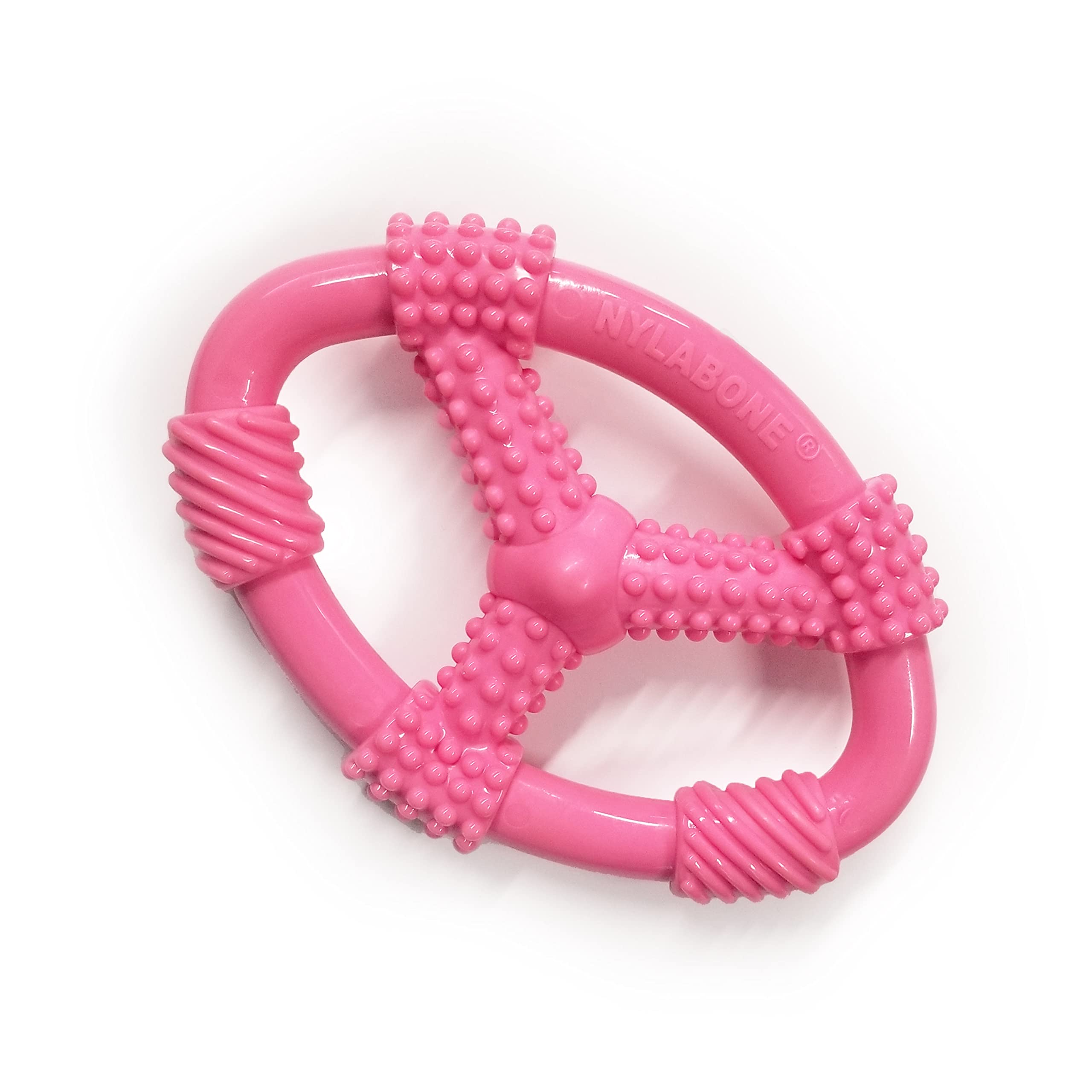 Nylabone Spin Tug & Play Puppy Chew Ring Toy, Toys for Teething Puppies, Peanut Butter Flavor, Pink, Medium - Up to 35 lbs, 1 Co