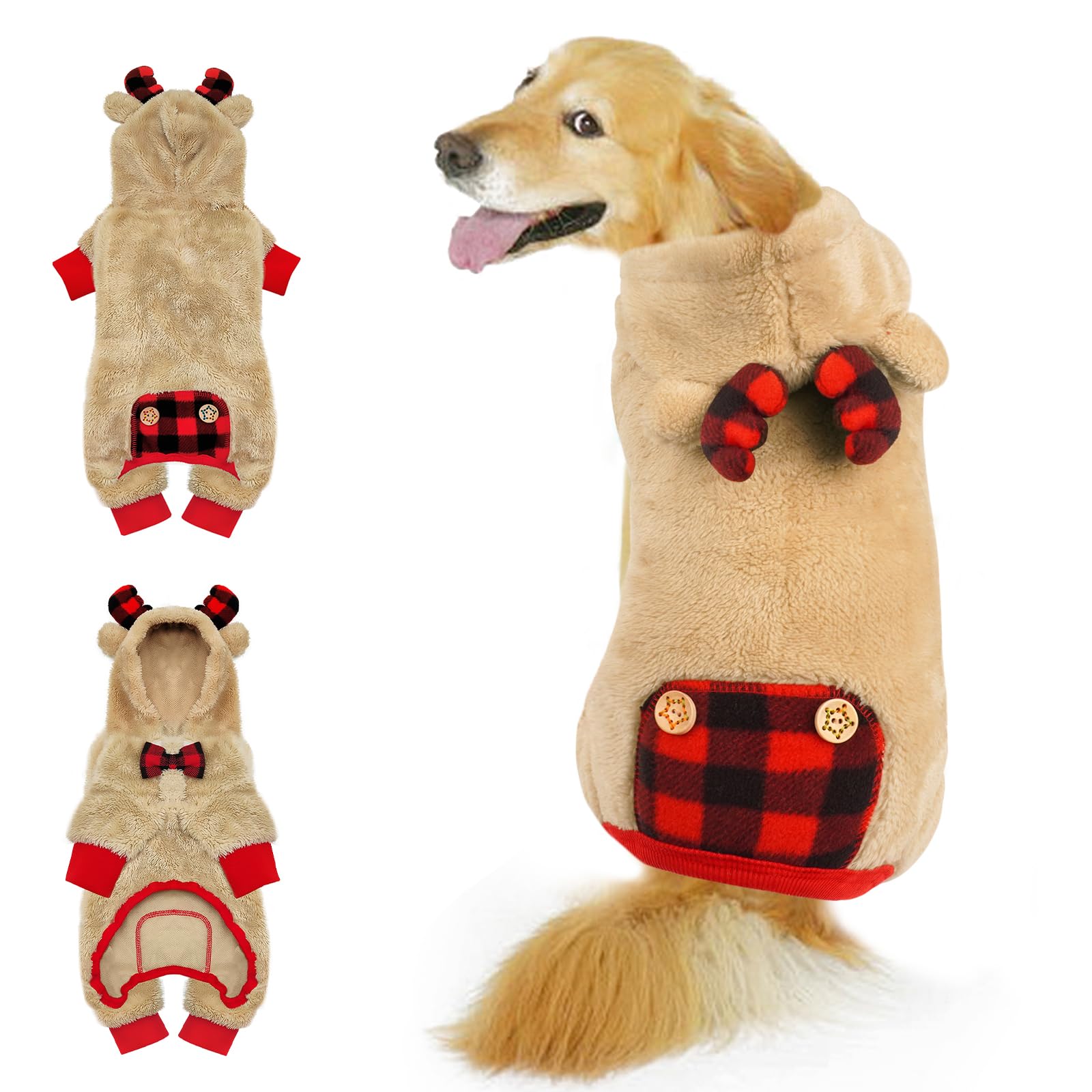 Kyeese Dog Pajamas Christmas Reindeer With Bowtie Red Buffalo Check Dog Sweater Dog Pjs For Medium Dogs Pet Pajamas Plaid Dog Cl