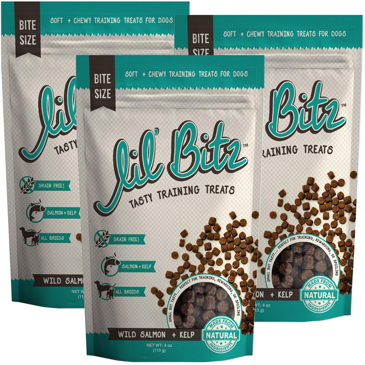 Lil' Bitz Training Treats For Dogs And Cats (3 Pack, All Dog Sizes - Wild Salmon + Kelp)