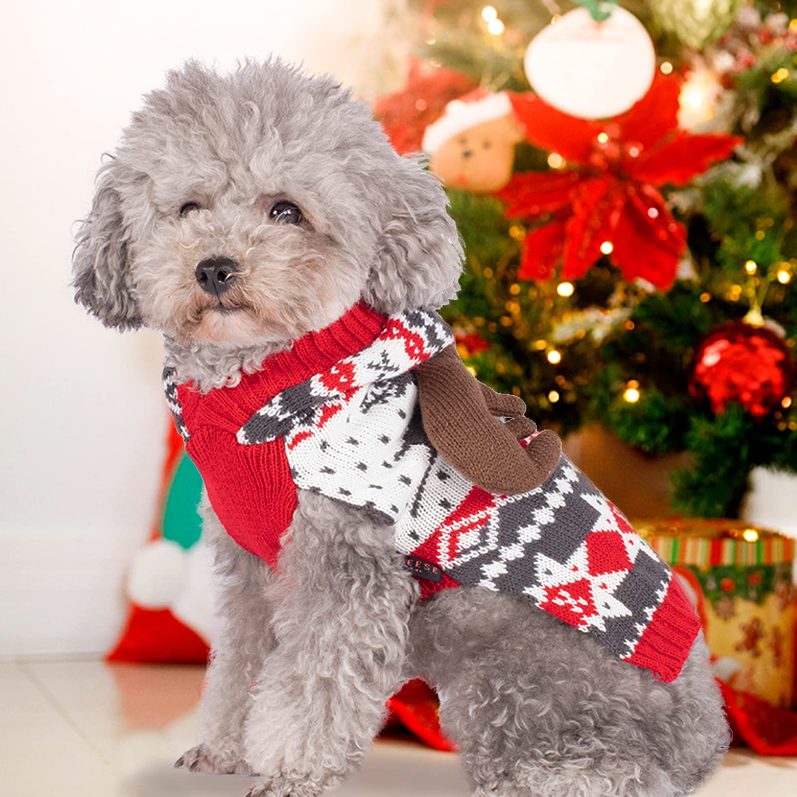 Kyeese Christmas Dog Sweater Hoodie Reindeer Red Dogs Knitwear Pullover Pet Sweater With Leash Hole Ugly Christmas Dog Sweater For Small Dogs