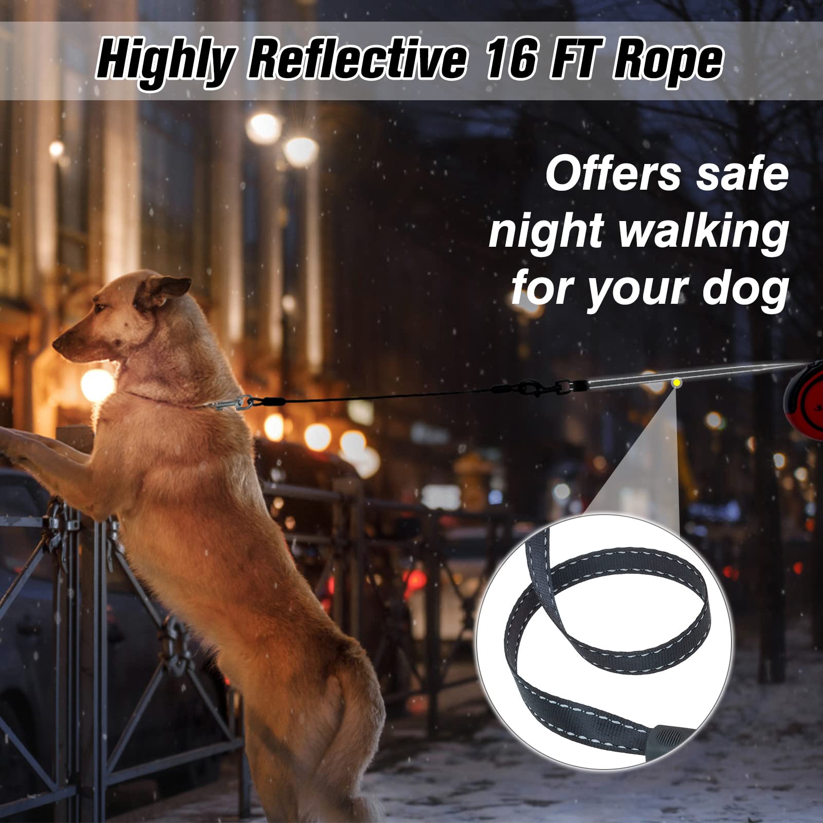 PUPTECK Retractable Dog Leash, 16ft Reflective, Anti-Chewing Steel Wire, Tangle-Free for Small Medium Large Dogs, Red, Heavy Duty 110lbs