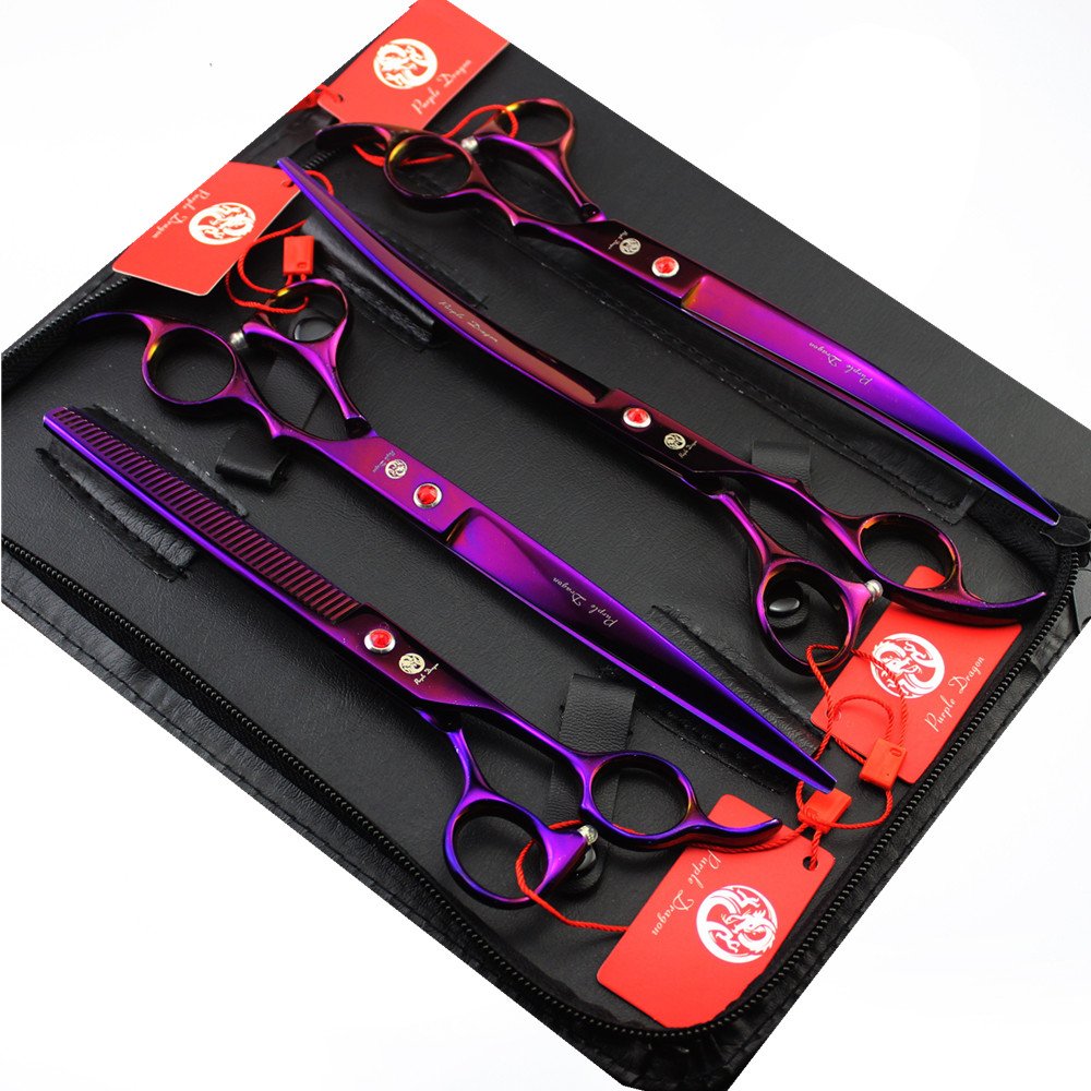 Purple Dragon 8.0 Inch Professional Pet Grooming Scissors,Dog Straight Shear, Thinning/Blending Scissor & 2 Pcs Curved Shear With Bag (Purple)