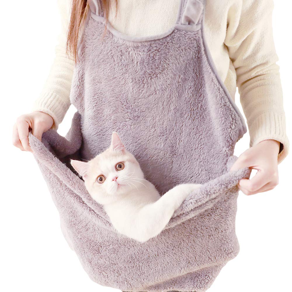 Cat Sleeping Bag Holding Apron Pet Carrier Kangaroo Bag For Kitty Kitten Fleece Puppies Small Pets Holder Pouch (One Size, Grey)