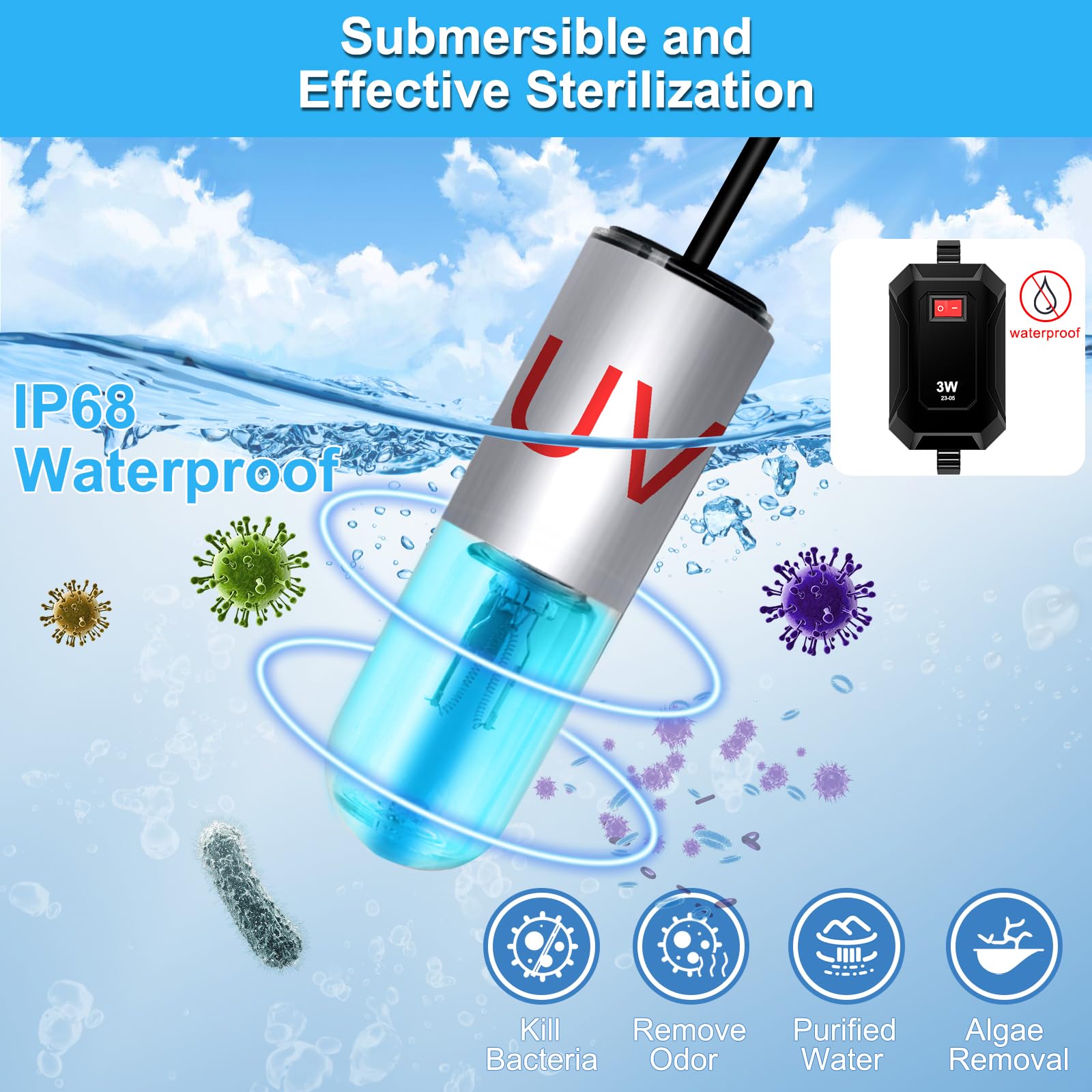 Taishan Aquarium Clean Light,3W Mini Algae Removal Light With Timer,Aquarium Water Clean Green Clear Waterproof Clean Light For