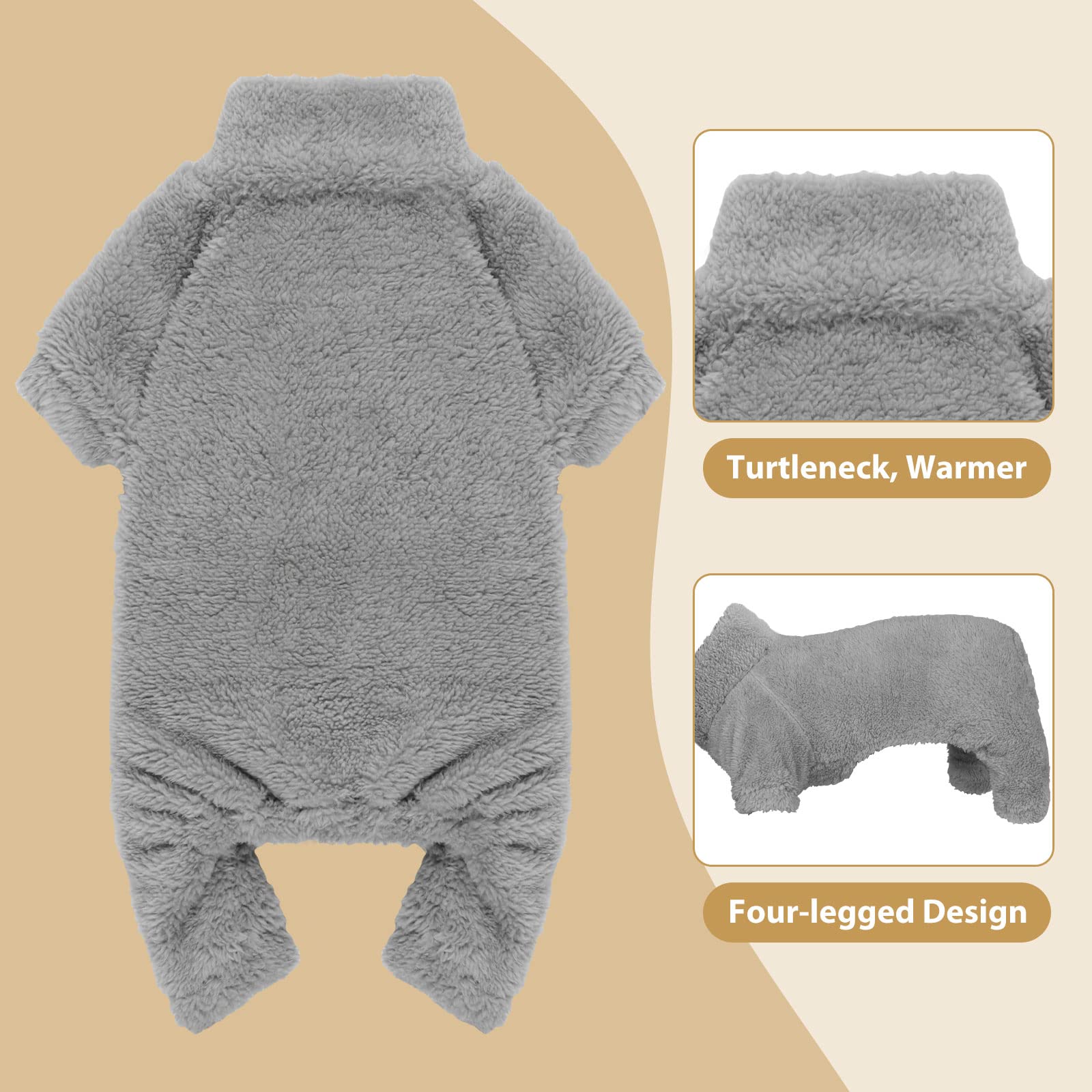 Fuzzy Dog Pajamas Turtleneck Dog Clothes Warm Soft Cozy Lightweight Dog Pjs Dog Sweaters For Small Dogs(Grey-Xs)