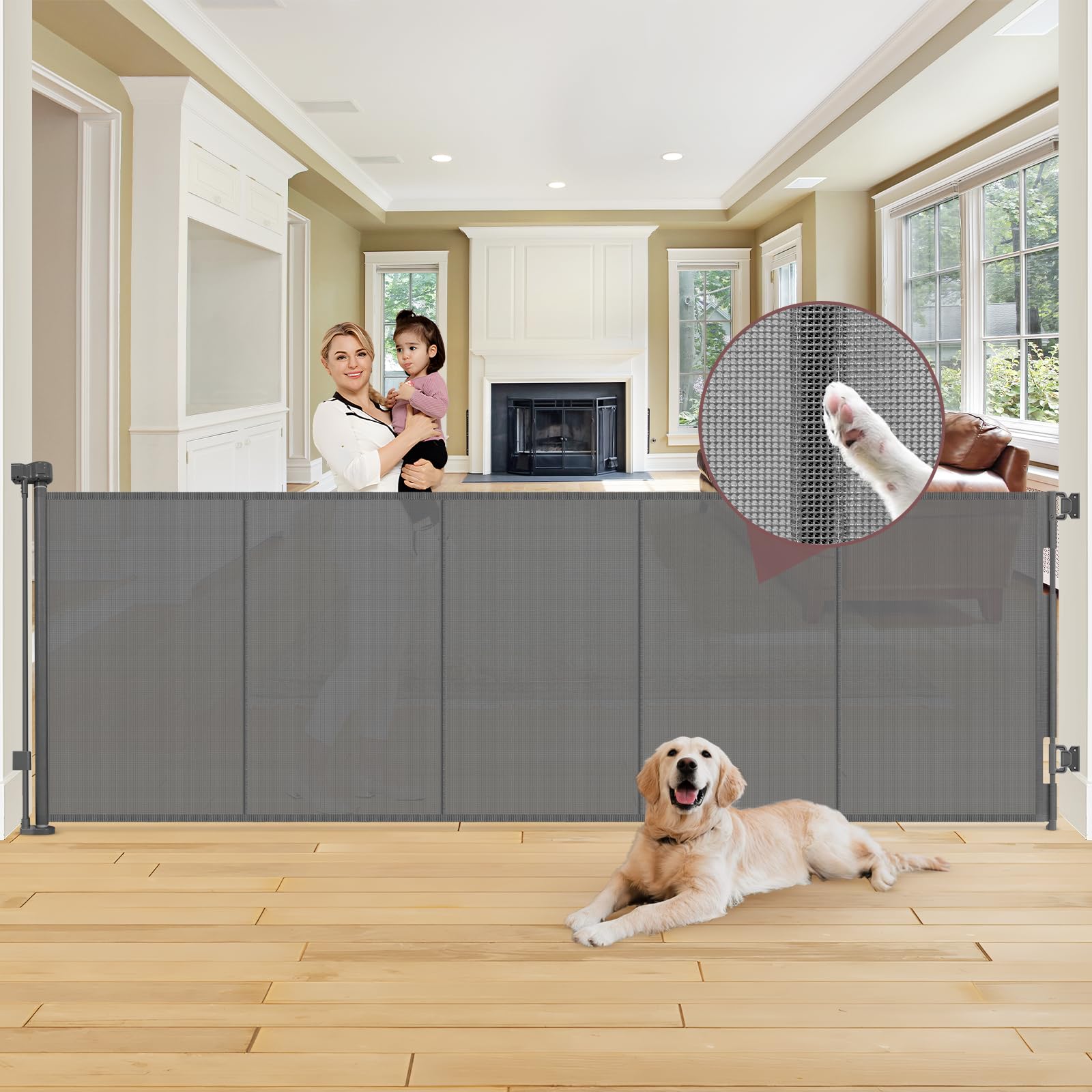 Reinforced 41'' Extra Tall Pet Gate 100'' Extra Wide Retractable Baby Gate with Support Rods, Indoor Large Baby Gate Mesh Dog Ga