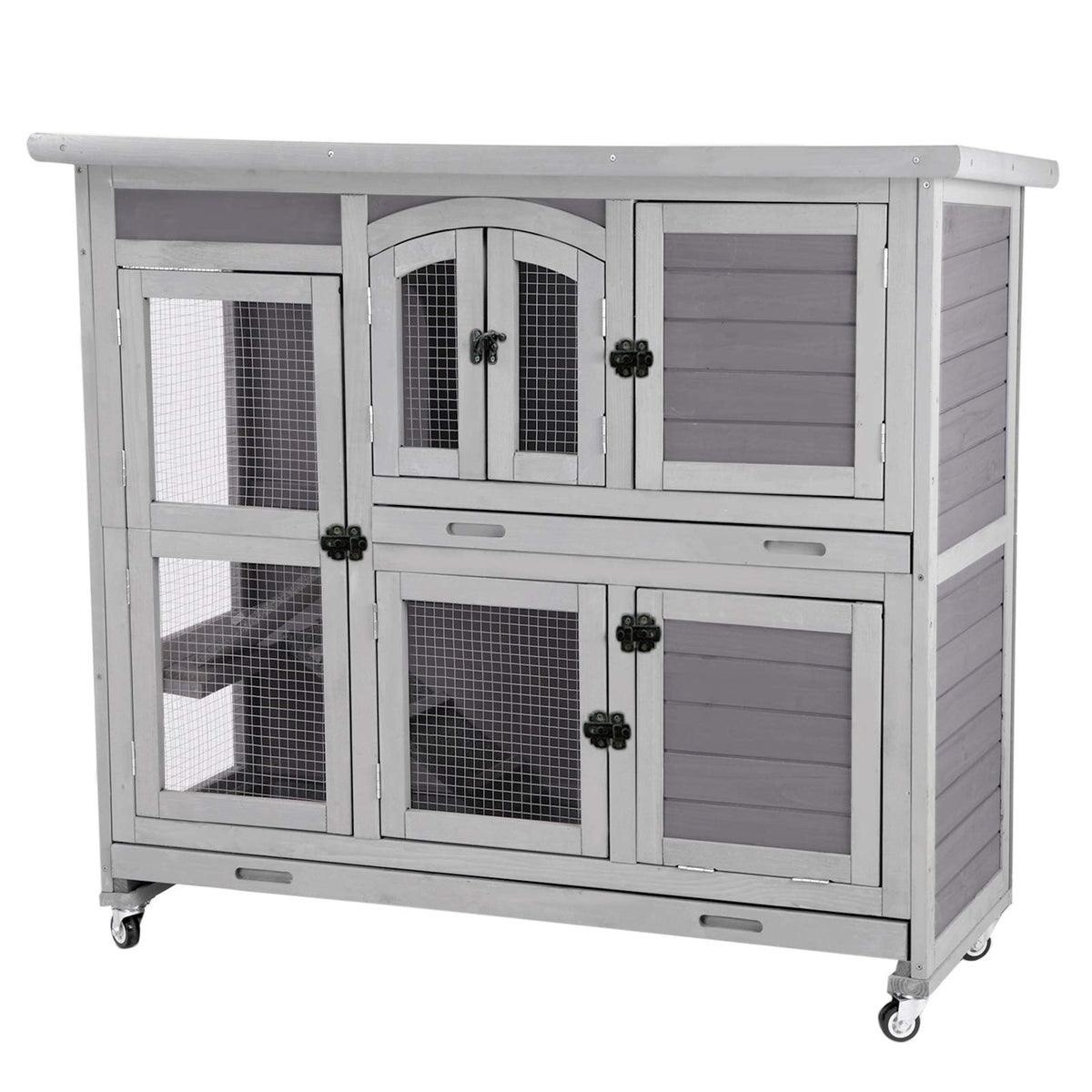 Aivituvin Bunny Cage Rabbit Hutch Indoor Rabbit Cage With Wheels Outdoor Rabbit House With Two Plastic Tray, Foldable Door (Gery