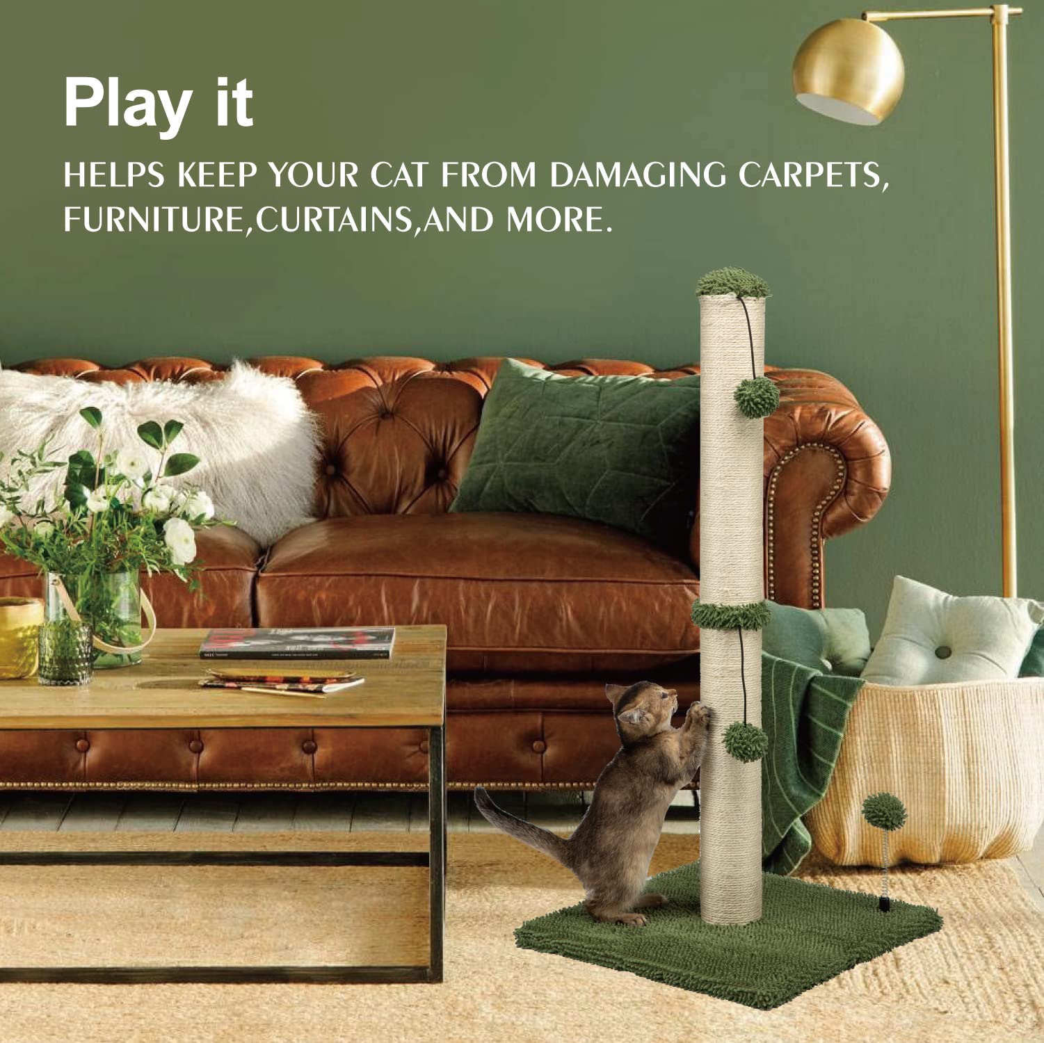 Mecool 34“ Tall Cat Scratching Post Premium Basics Kitten Scratcher Sisal Scratch Posts Trees With Hanging Ball For Indoor Cats (34 Inches For Adult Cats, Cactus Green)