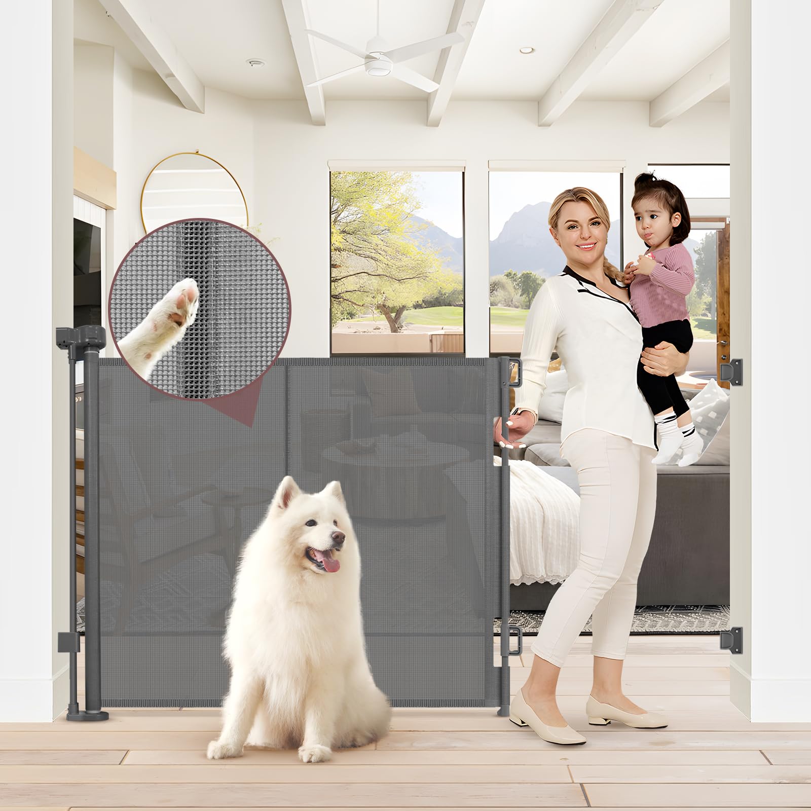 Reinforced 41 Inch Extra Tall Retractable Baby Gate 55'' Wide Mesh Baby Gate Retractable Pet Gate with Support Rods - Prevents C