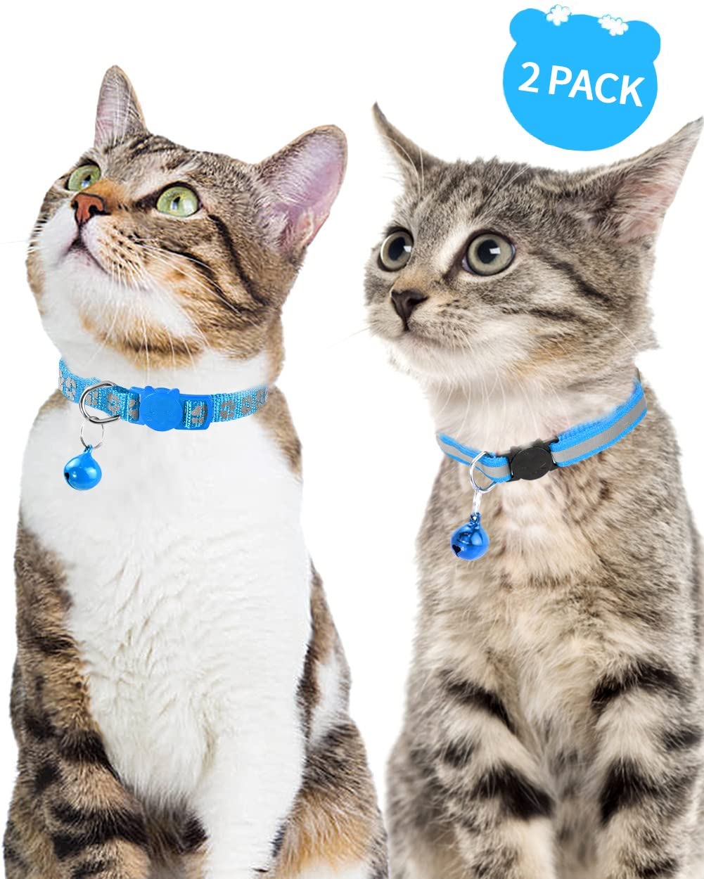 Taglory Reflective Cat Collars Breakaway With Bell, 2-Pack Girl Boy Pet Kitten Collar Adjustable 7.5-12.5 Inch, Sky Blue