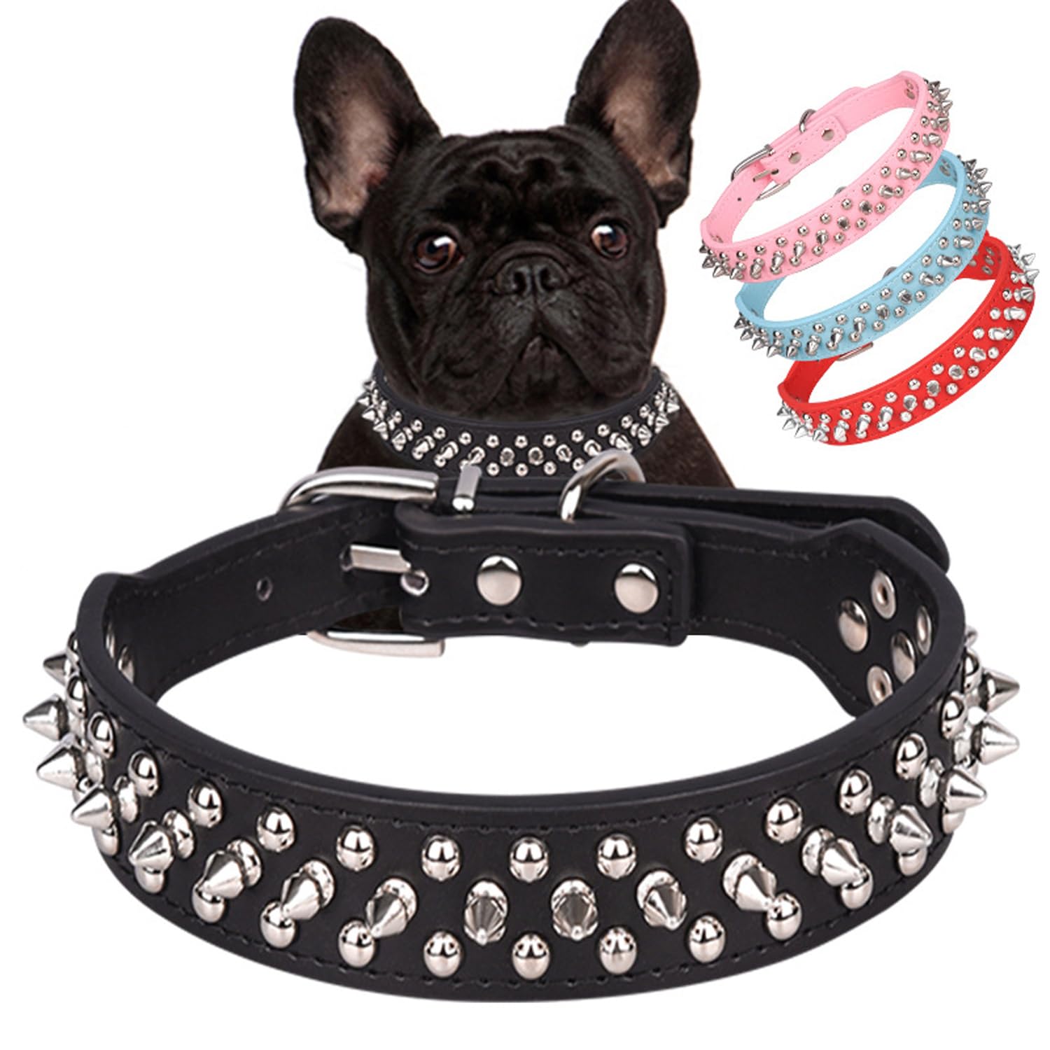 Serijoars Spiked Dog Collar Soft Pu Leather Mushrooms Rivet Spike Studded Dog Collar Adjustable Puppy Collars (L, Black)