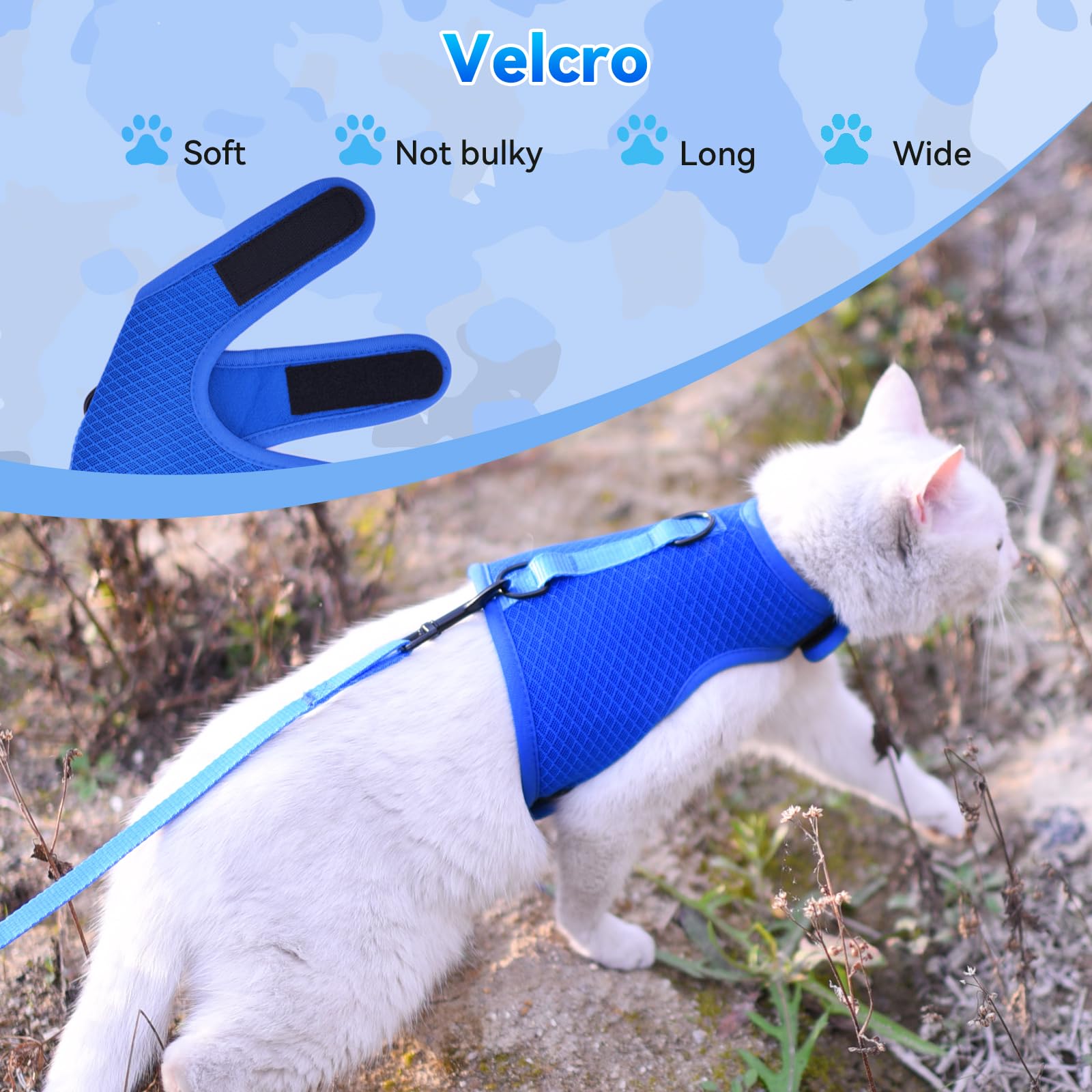 Cat Harness And Leash For Walking Escape Proof Breathable Mesh Fabric, Solid Blue, Large, Adjustable Cat Walking Jackets, Padded