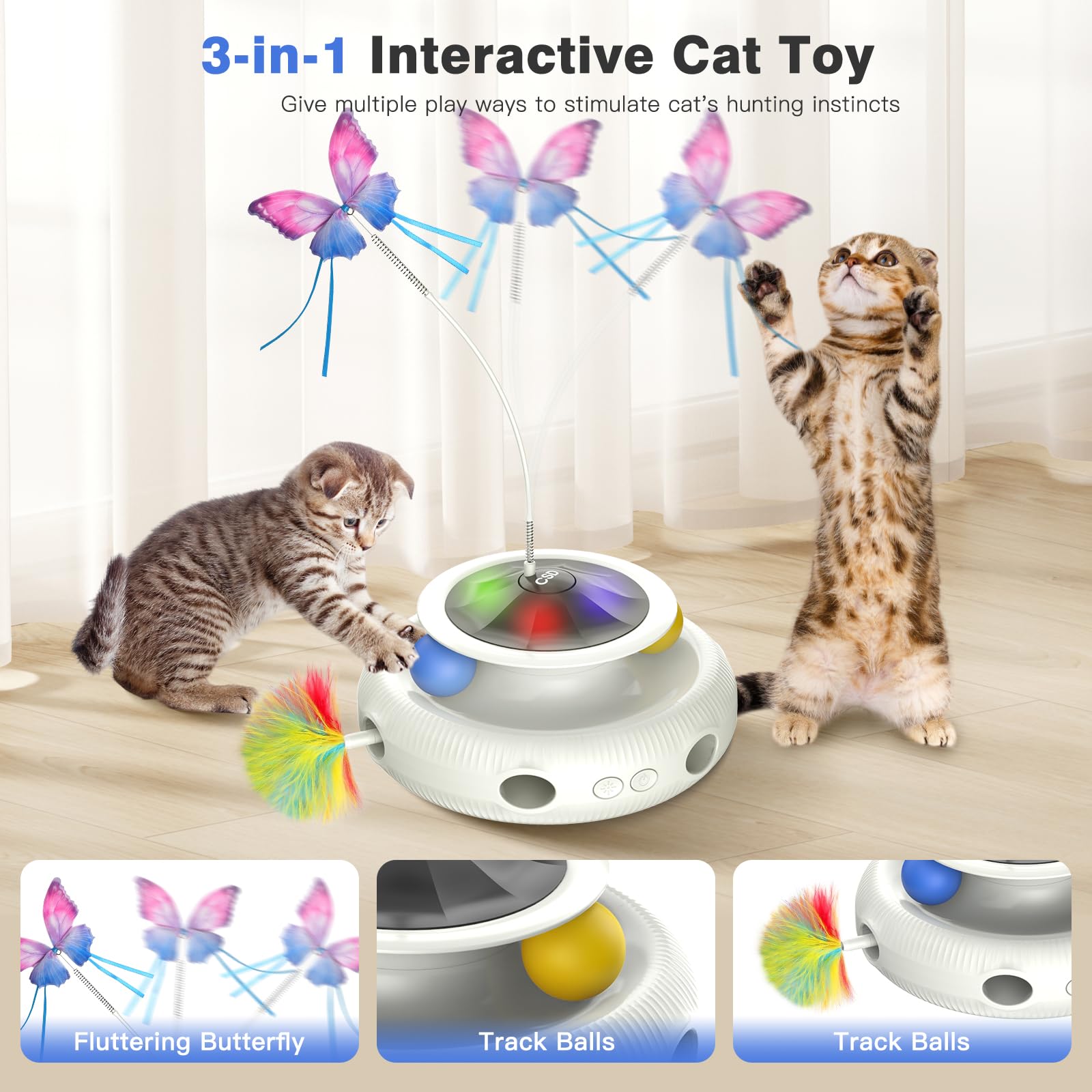 Automatic Interactive Cat Toys For Indoor Cats & Bored Adults - Kitten Toys With Fluttering Butterfly, Ambush Feather & Track Ba