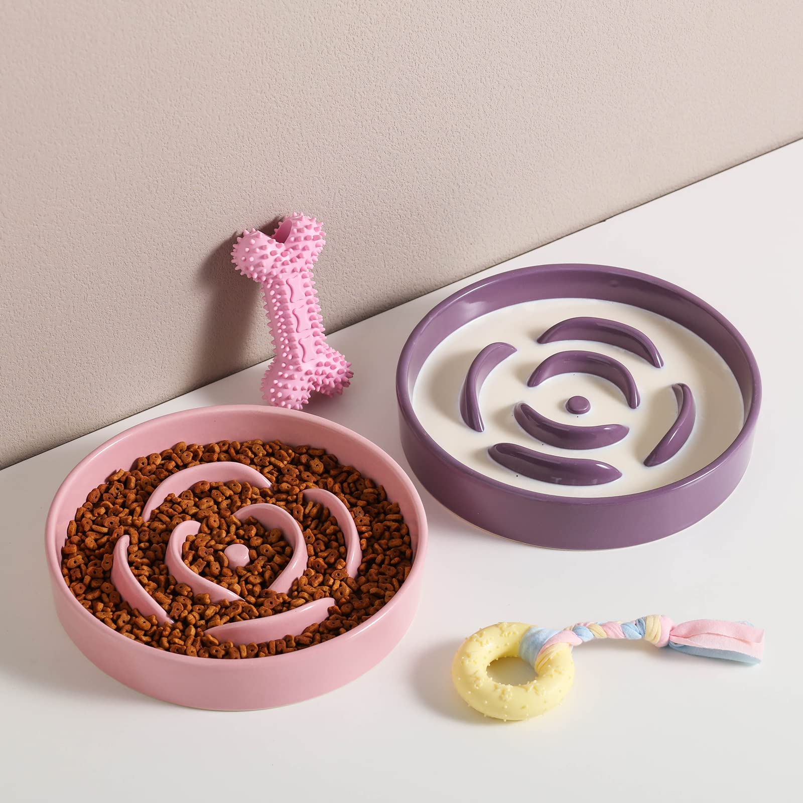 8.66 in Pink Ceramic Slow Feeder Dog Bowl for Medium and Large Breed,Pet Feeding Dog Food Water Dish Heavy Weighted,Puppy Bowl f