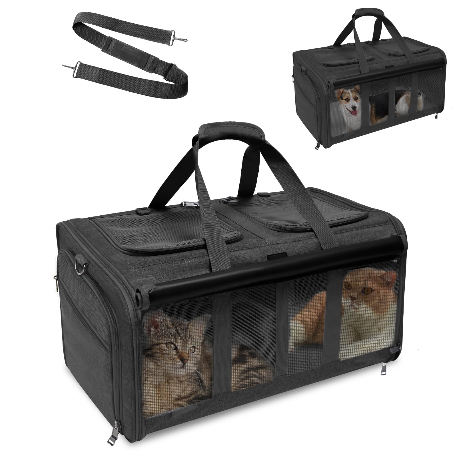 Gjease Cat Carrier For 2 Cats,Large Double-Compartment Pet Carrier For 2 Pets,Multiple Cat Carrier For Up To 35 Lbs,Super Ventil