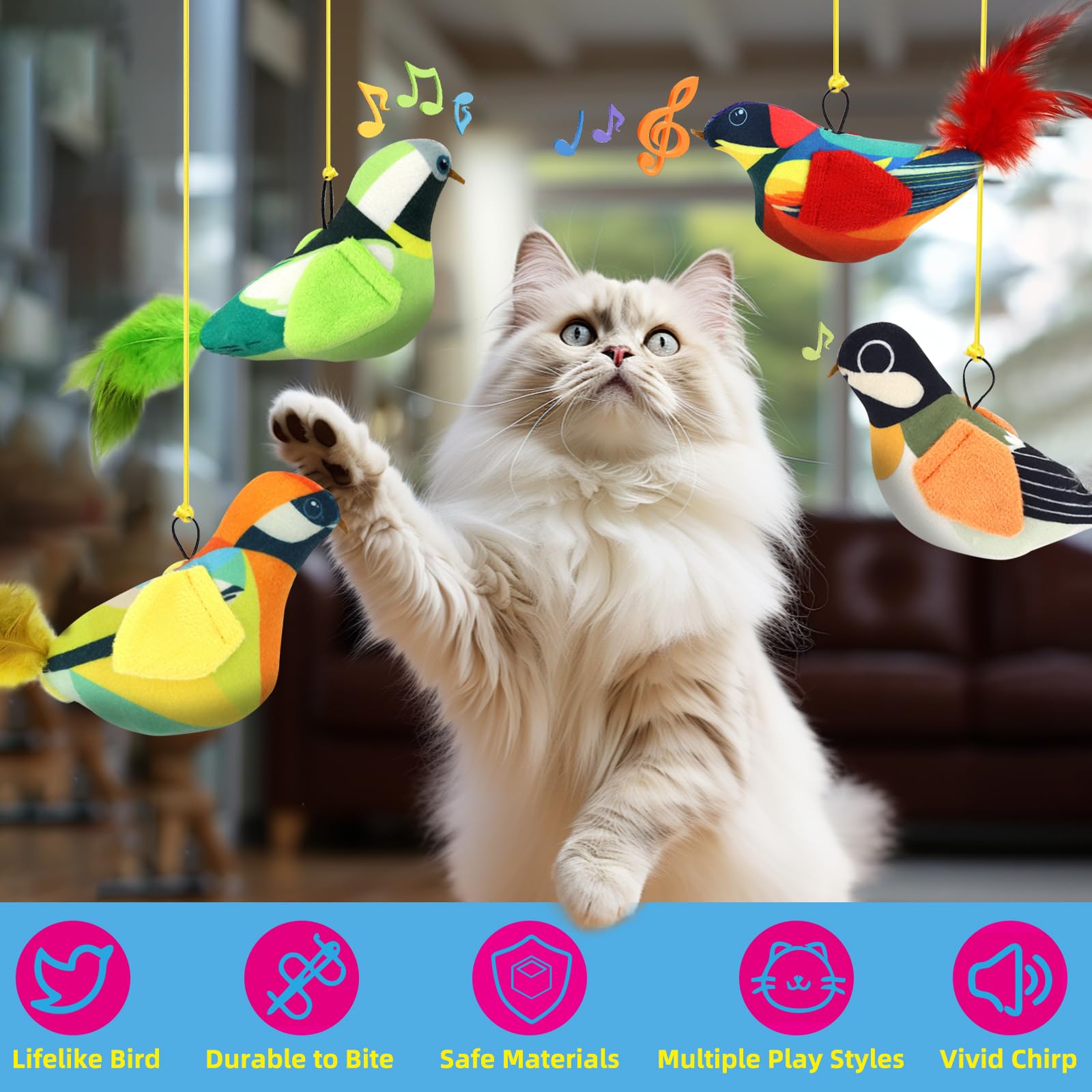 4Pcs Interactive Hanging Bird Cat Toys Set - With Catnip, Realistic Chirping, Lifelike Birdie Tweets, Durable & Safe, Indoor Kit