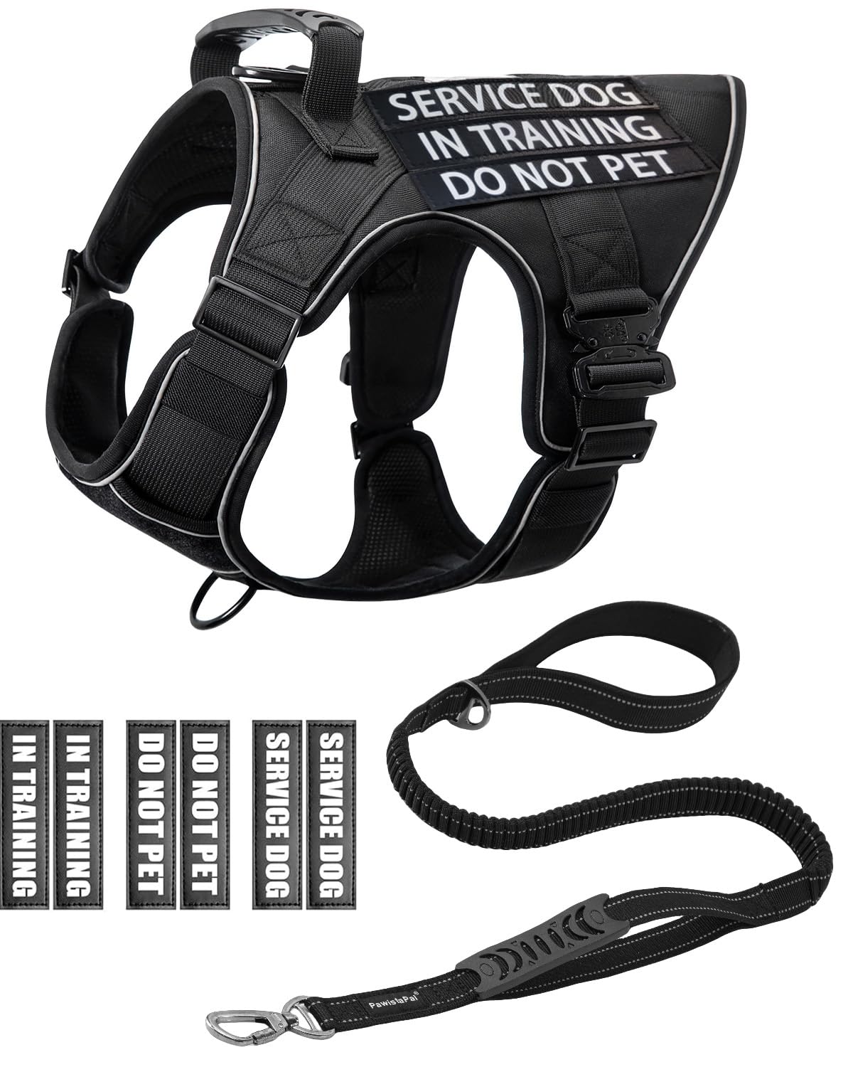 Reflective Service Dog In Training Vest Harness Leash Set For Medium Dogs, Adjustable Heavy Duty Black Padded Dog Harness, With 