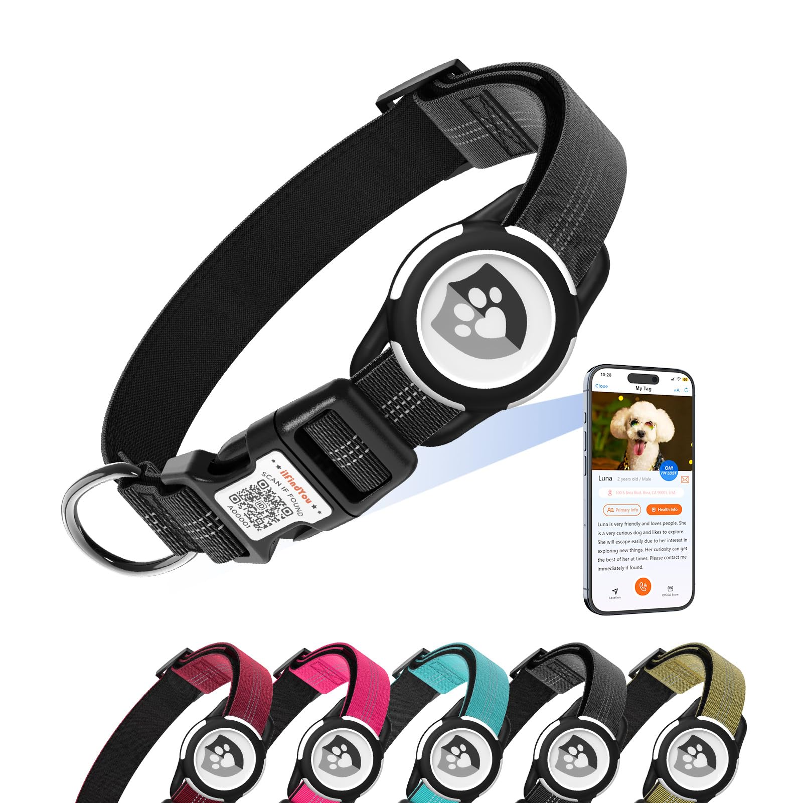 Ilfindyou Reflective Dog Collar With Airtag Holder For Puppy Soft Nylon Black Sized Xs