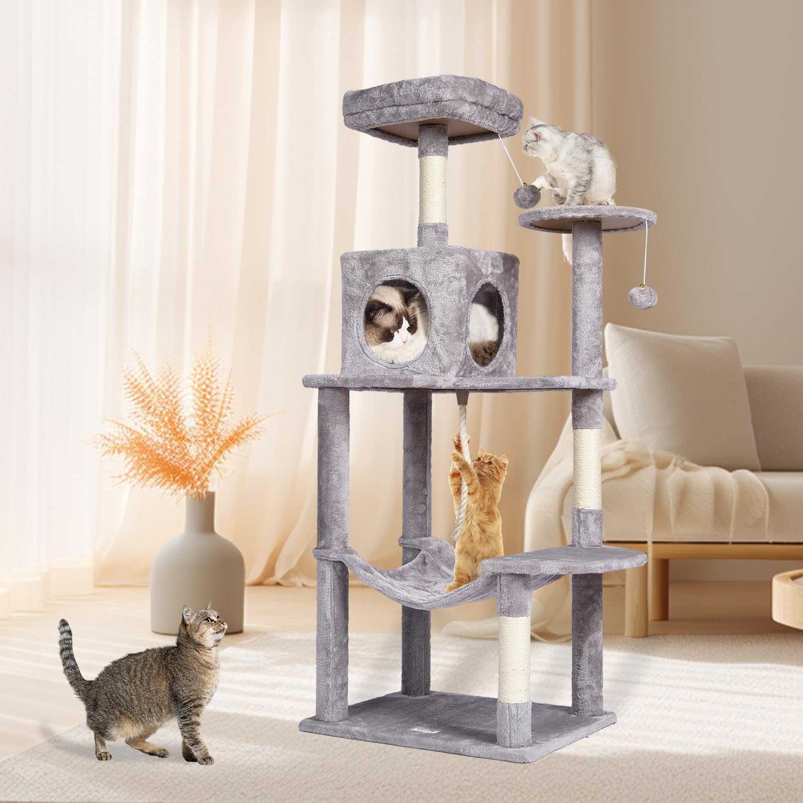 VEVOR Cat Tree 56.2 Cat Tower with Cat Condo Sisal Scratching Post Light Grey