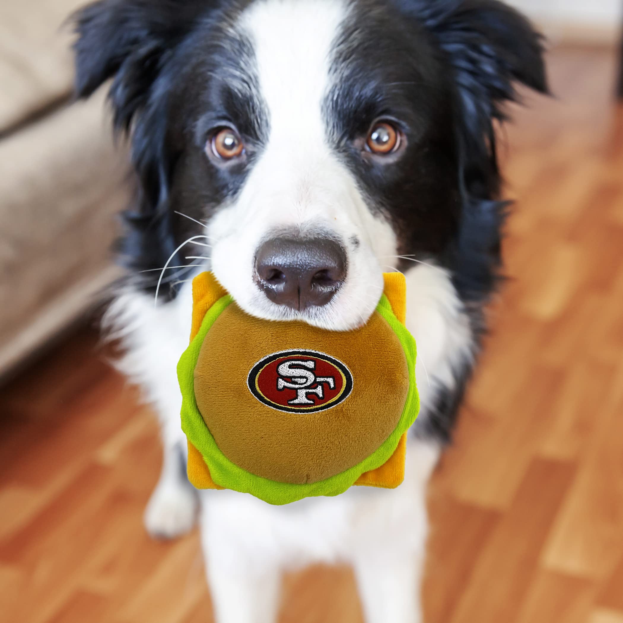 Pets First Nfl San Francisco 49Ers Cheese Burger Plush Dog & Cat Squeak Toy - Cutest Stadium Hamberger Snack Plush Toy For Dogs & Cats With Inner Squeaker & Beautiful Football Team Name/Logo