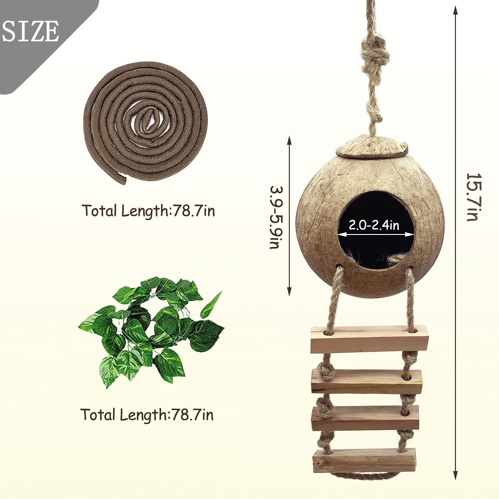 Tfwadmx Crested Gecko Coconut Hide,Leopard Gecko Coco Hut Hideout Cave With Ladder,Reptile Hanging Coconut Hut & Climbing Vine,Ideal Habitat Accessory For Hermit Crab, Snake,Lizard