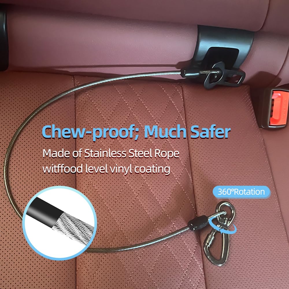 Miaochuai 3-In-1 Dog Car Seat Belt Harness | Chew-Proof Steel Cable Leash With Heavy-Duty Buckle & Clip | Car Safety Restraint F