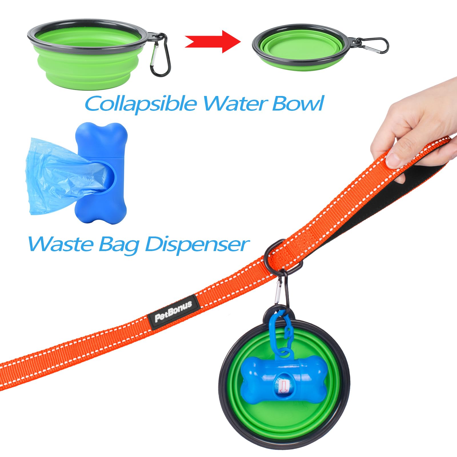 Petbonus Double Dog Leash, No Tangle Dual Dog Leash, Reflective Walking Training Leash, 4 Comfortable Padded Handles For 2 Dogs With Collapsible Bowl And Waste Bags (Orange, Large)