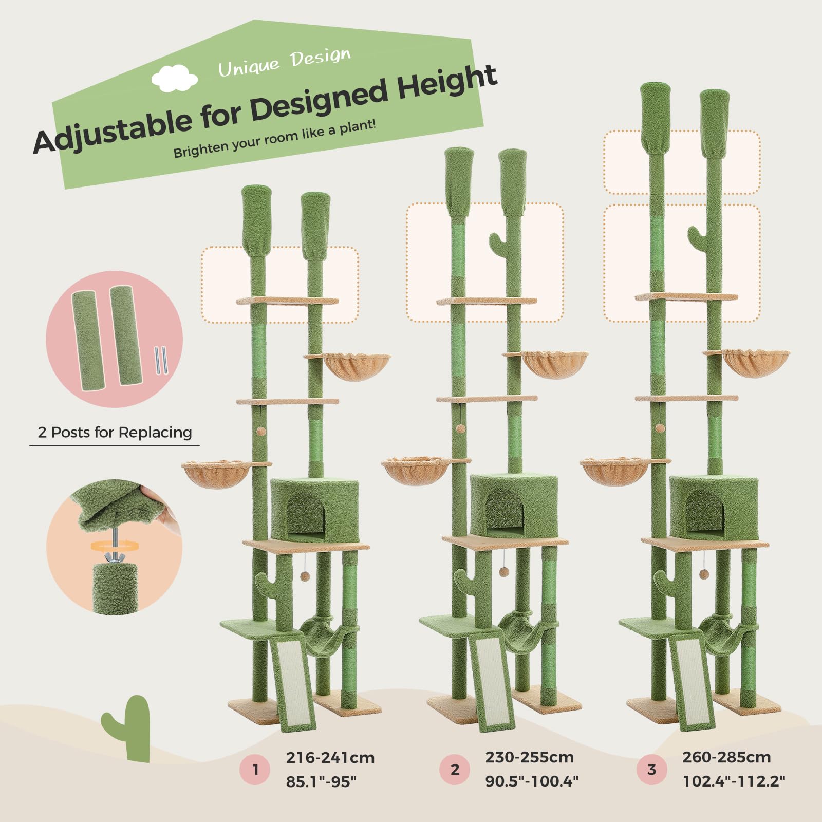 Pawz Road Cactus Cat Tree Floor To Ceiling Cat Tower With Adjustable Height(85-112 Inches), 7 Tiers Climbing Activity Center Wit