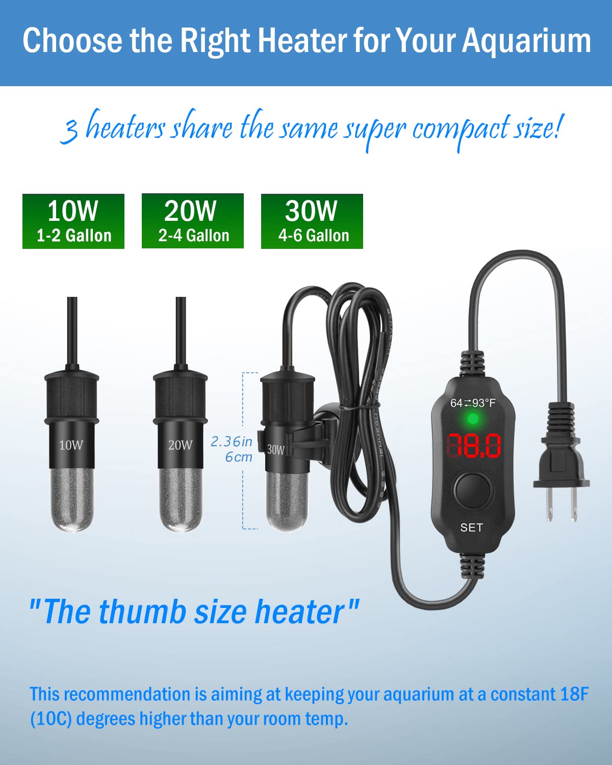 Aquamiracle Adjustable 30W Small Aquarium Heater Submersible Fish Tank Heater Betta Heater Turtle Heater Super Mini Aquarium Heater With Digital Display Thermostat, For 4-6 Gallon Tanks
